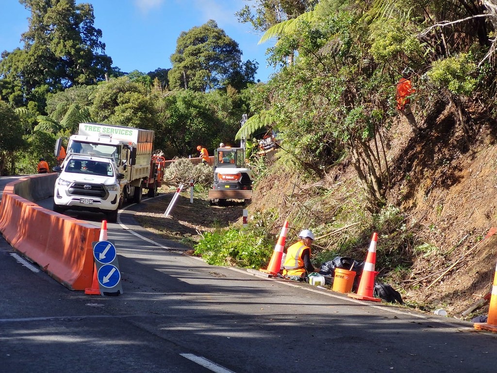 Contractors work on one of the 35 slips that have closed SH1 over the Mangamuka Gorge.
