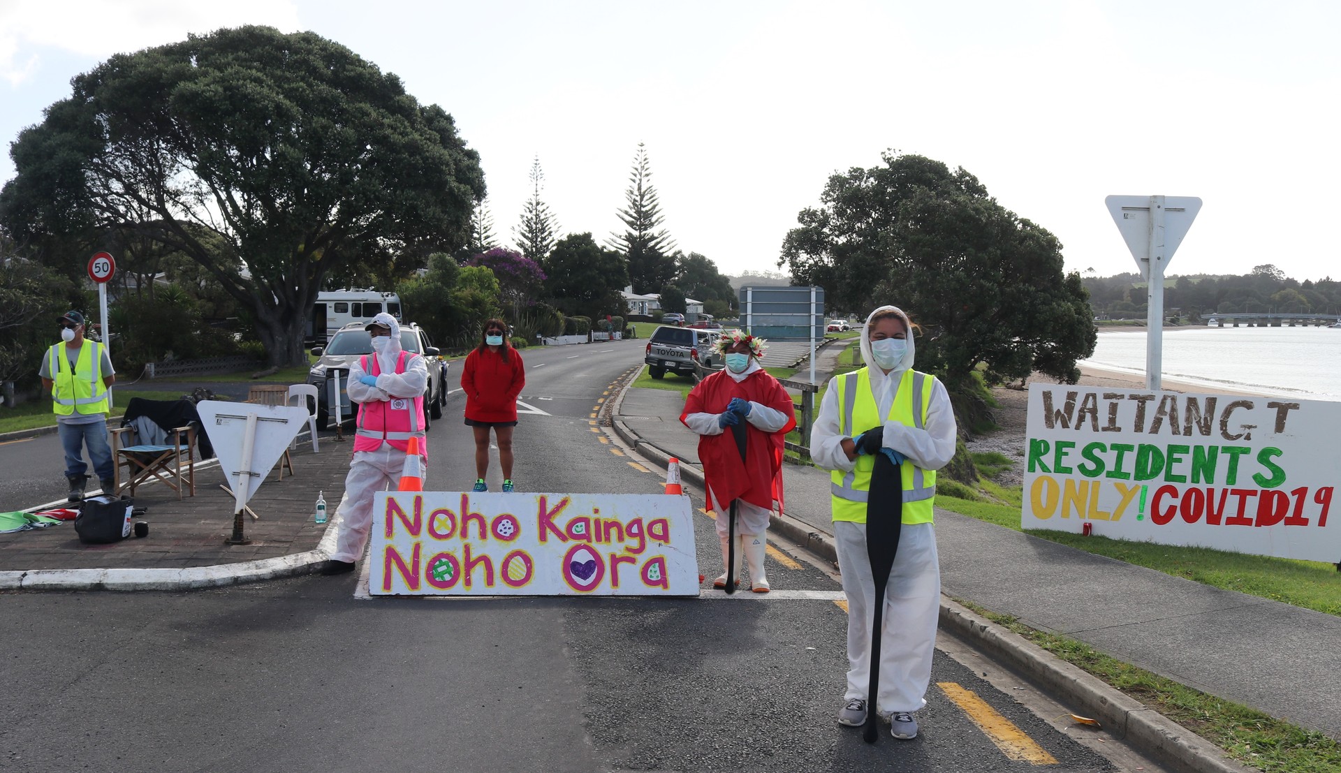 Iwi-led checkpoints, such as this at Waitangi, sprung up to protect vulnerable and isolated communities from Covid-19. Photo / Peter de Graaf