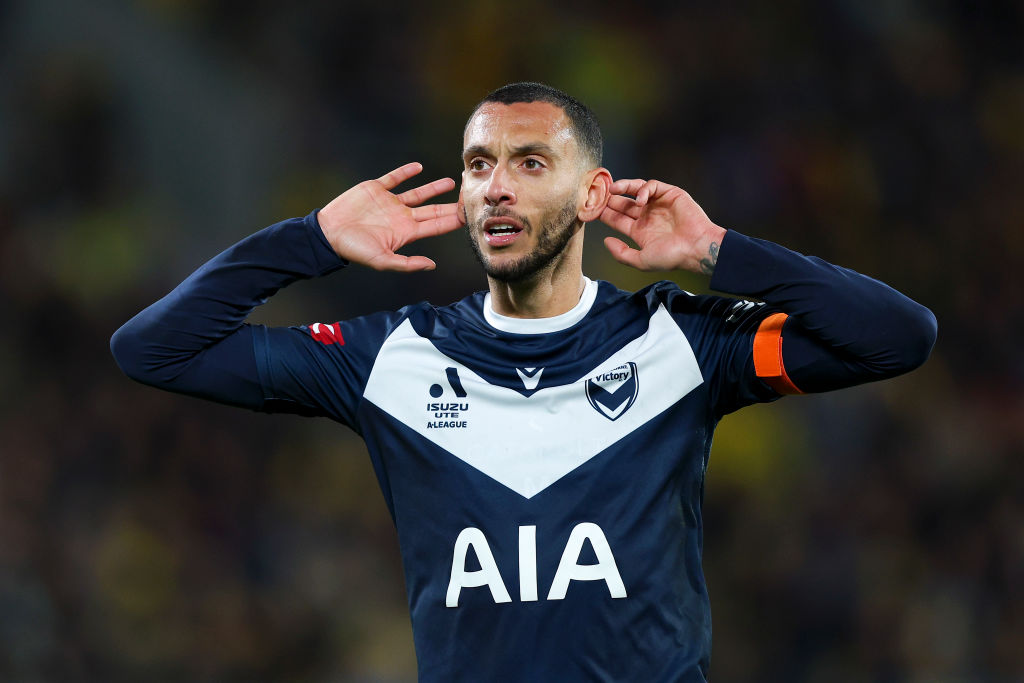 Roderick Miranda of the Victory celebrates the goal of Chris Ikonomidis during the A-League Men Semi Final match between Wellington Phoenix and Melbourne Victory. Photo / Getty Images