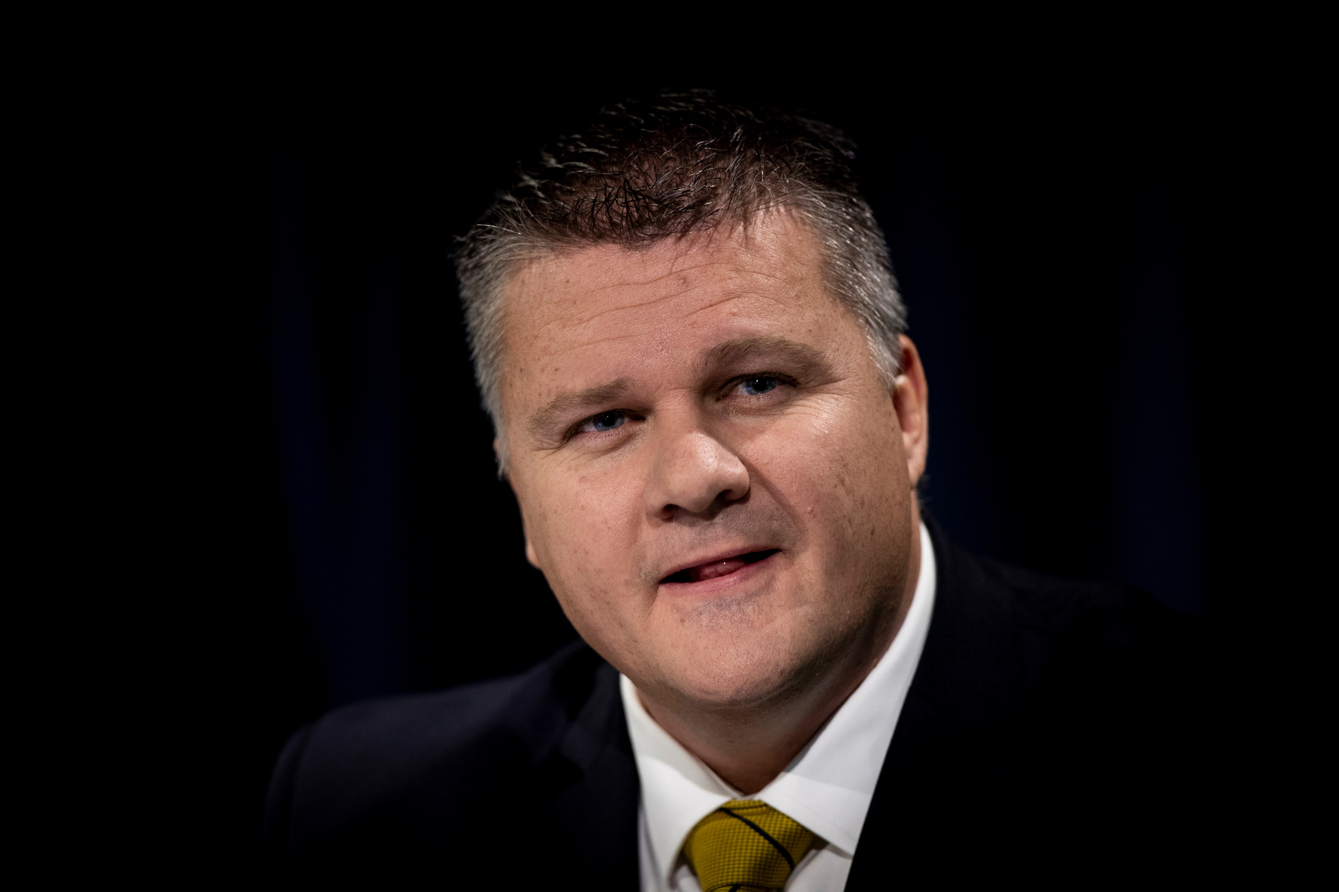 Hurrell, pictured in September 2018, faces the media after the dairy giant announced a net loss of $196 million. Photo / Dean Purcell