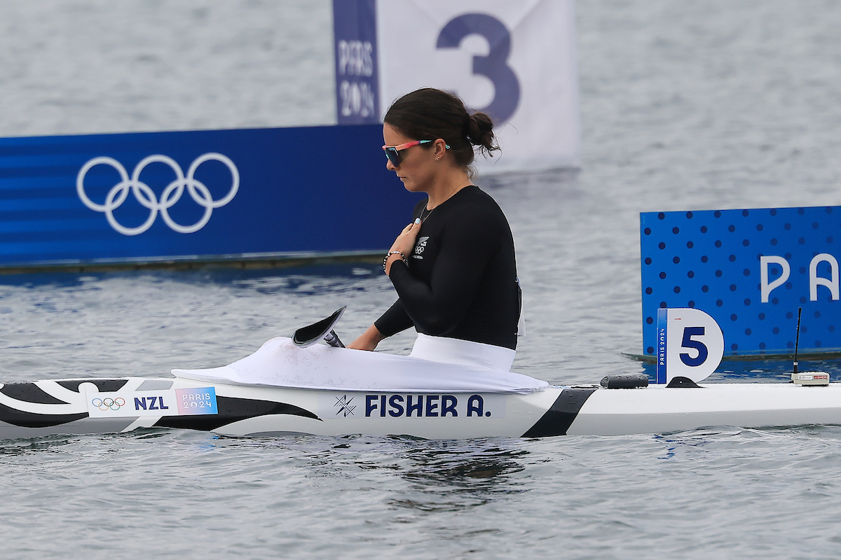 Aimee Fisher from New Zealand in the women's kayak single 500m heats at the canoe sprint at Vaires-sur-Marne Nautical Stadium on Wednesday August 7. Photo / Iain McGregor 
