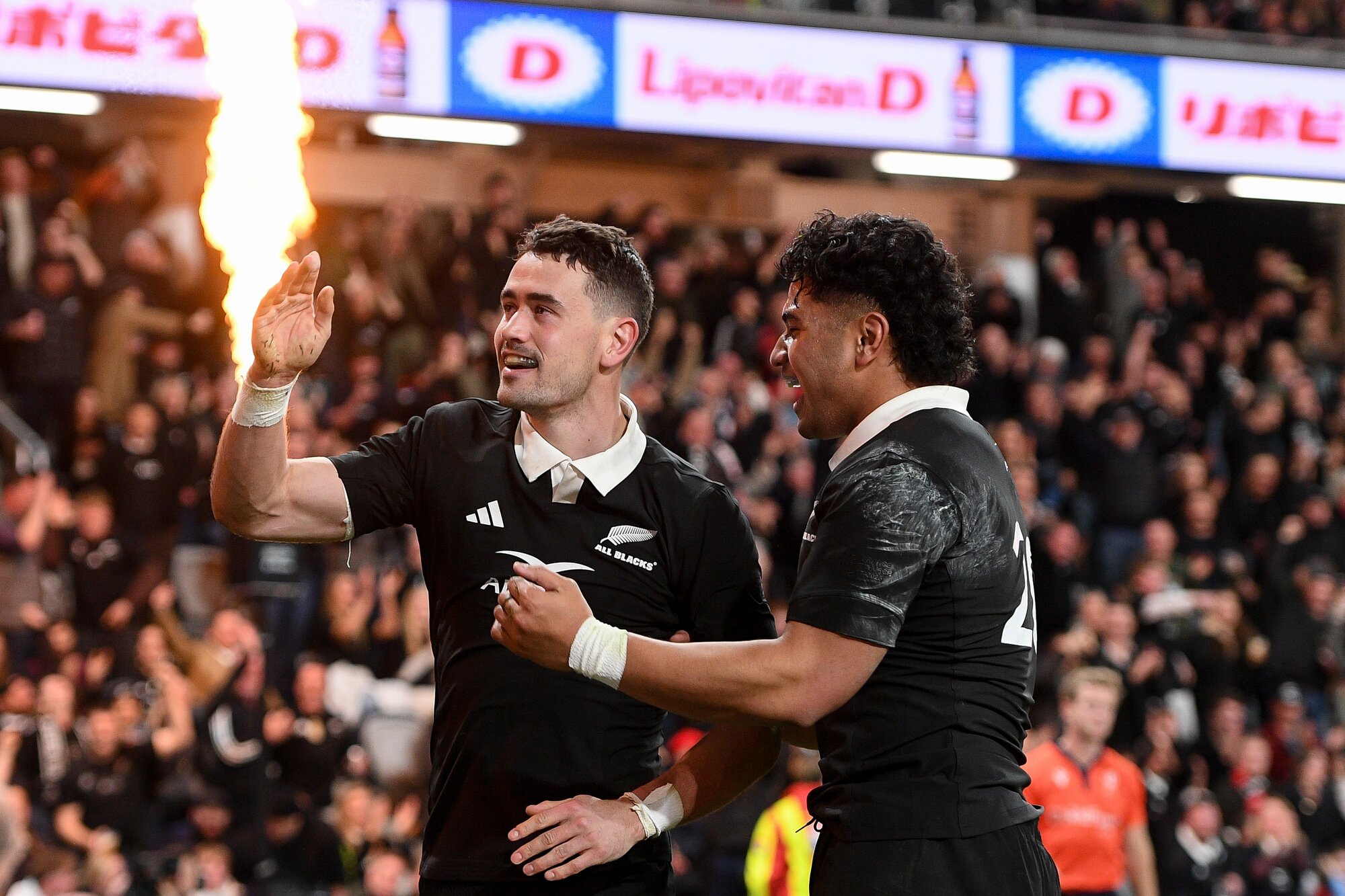 Will Jordan celebrates scoring for the All Blacks against France in Christchurch. Photo / Photosport
