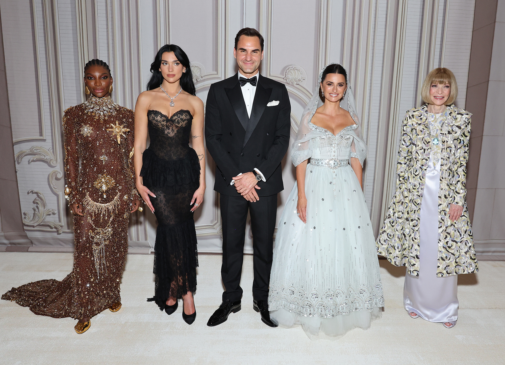Co-chairs Michaela Coel, Dua Lipa, Roger Federer, Penelope Cruz, and chair Anna Wintour pose at the 2023 Met Gala in New York City. Photo / Getty Images