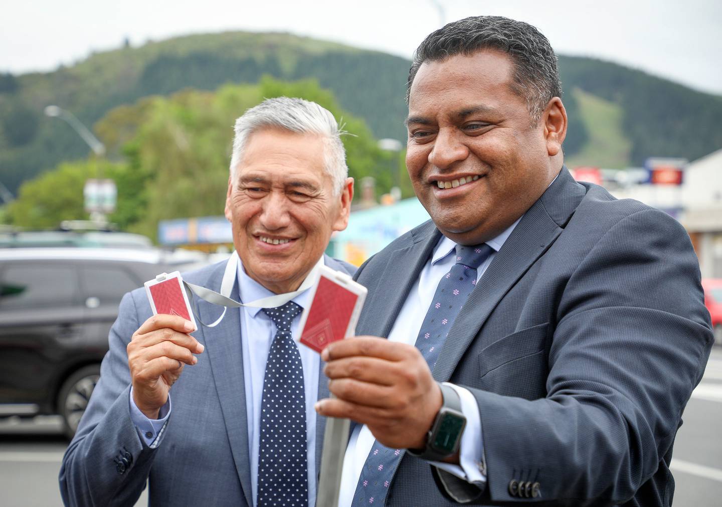 Digital Services Minister Kris Faafoi and Te Arawa Covid Response hub kaumatua Monty Morrison at the launch of the CovidCard trial in Rotorua on November 9. Photo / File