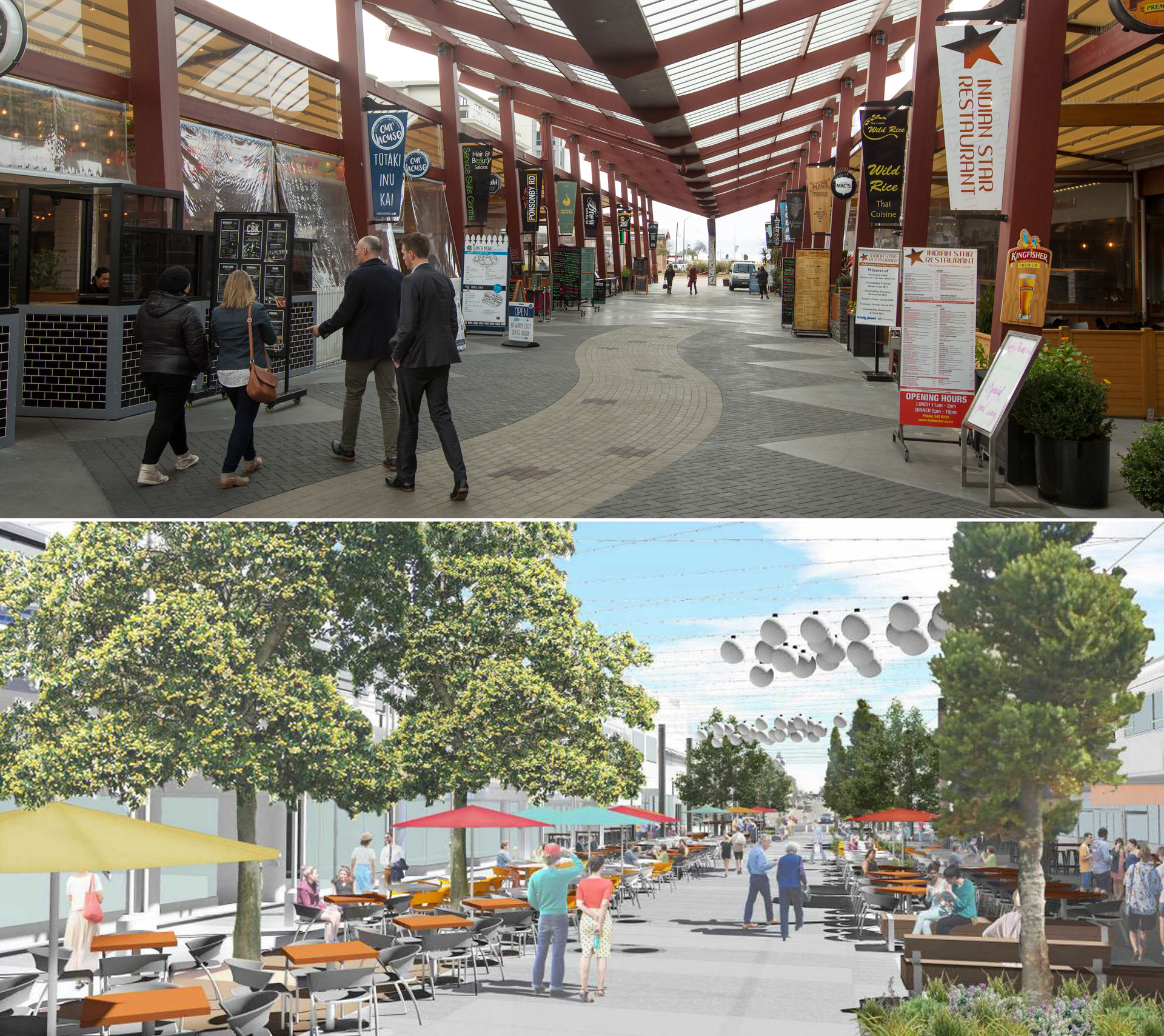 On Eat Streat's dining strip, top, and a design for Wharf St, bottom. Images / Stephen Parker, Tauranga City Council
