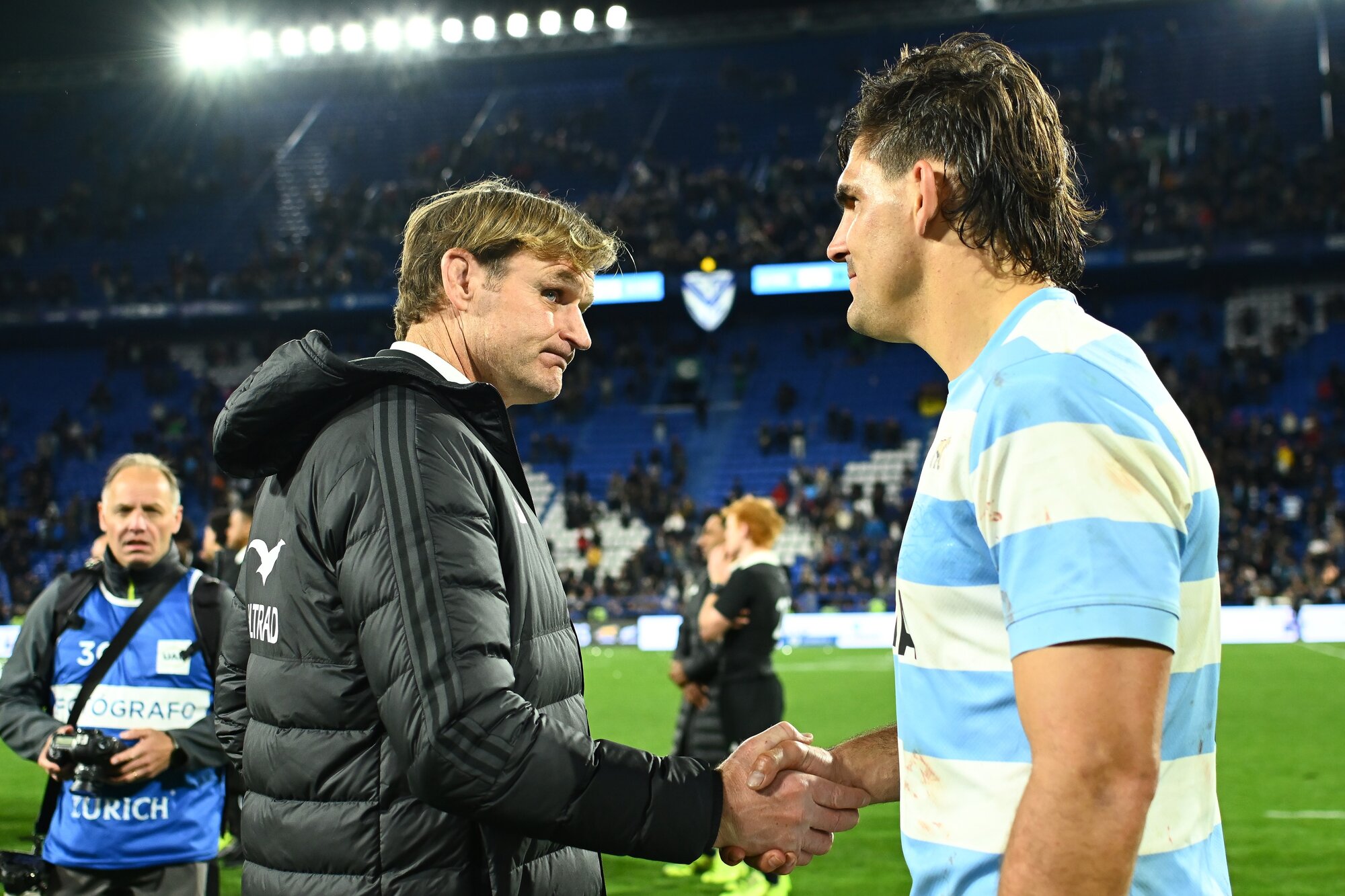 Scott Robertson and Pablo Matera shake hands following the Pumas' win over the All Blacks in Buenos Aires. Photo / Photosport