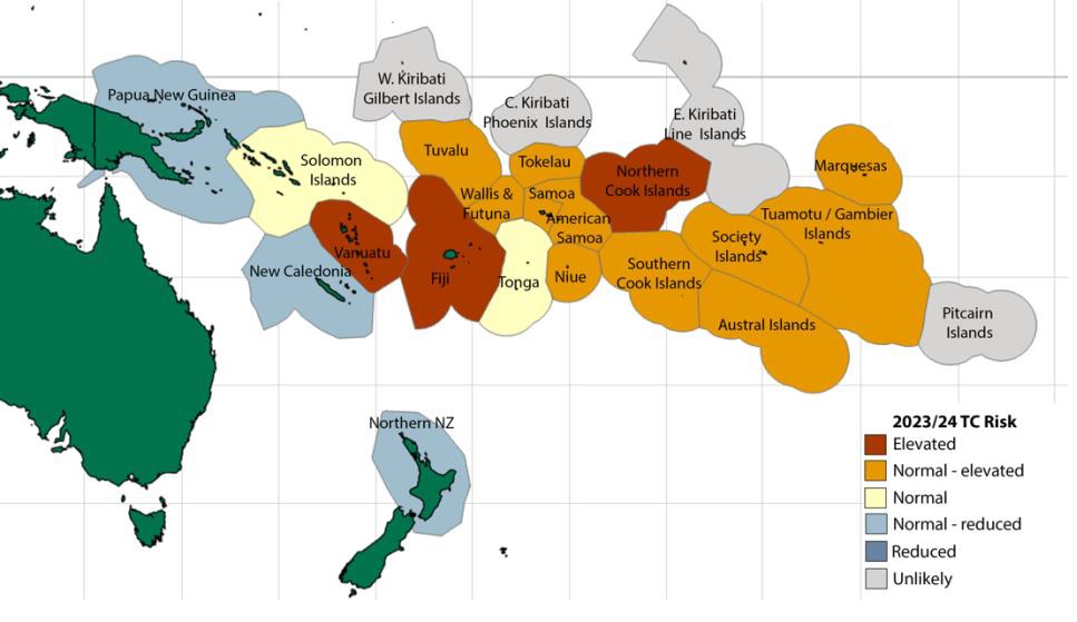 This map shows tropical cyclone risk for the 2023-24 season. Source / Niwa