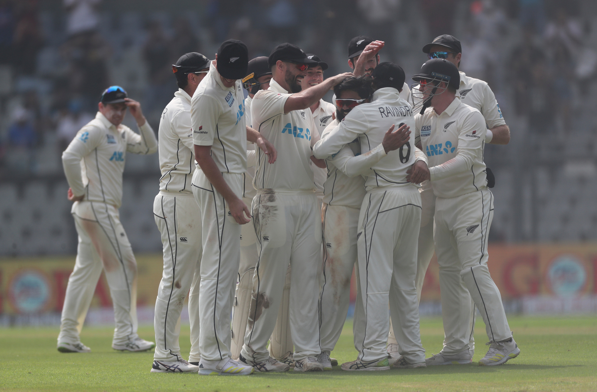 The Black Caps mob Ajaz Patel after his history-making 10th wicket. Photo / Photosport