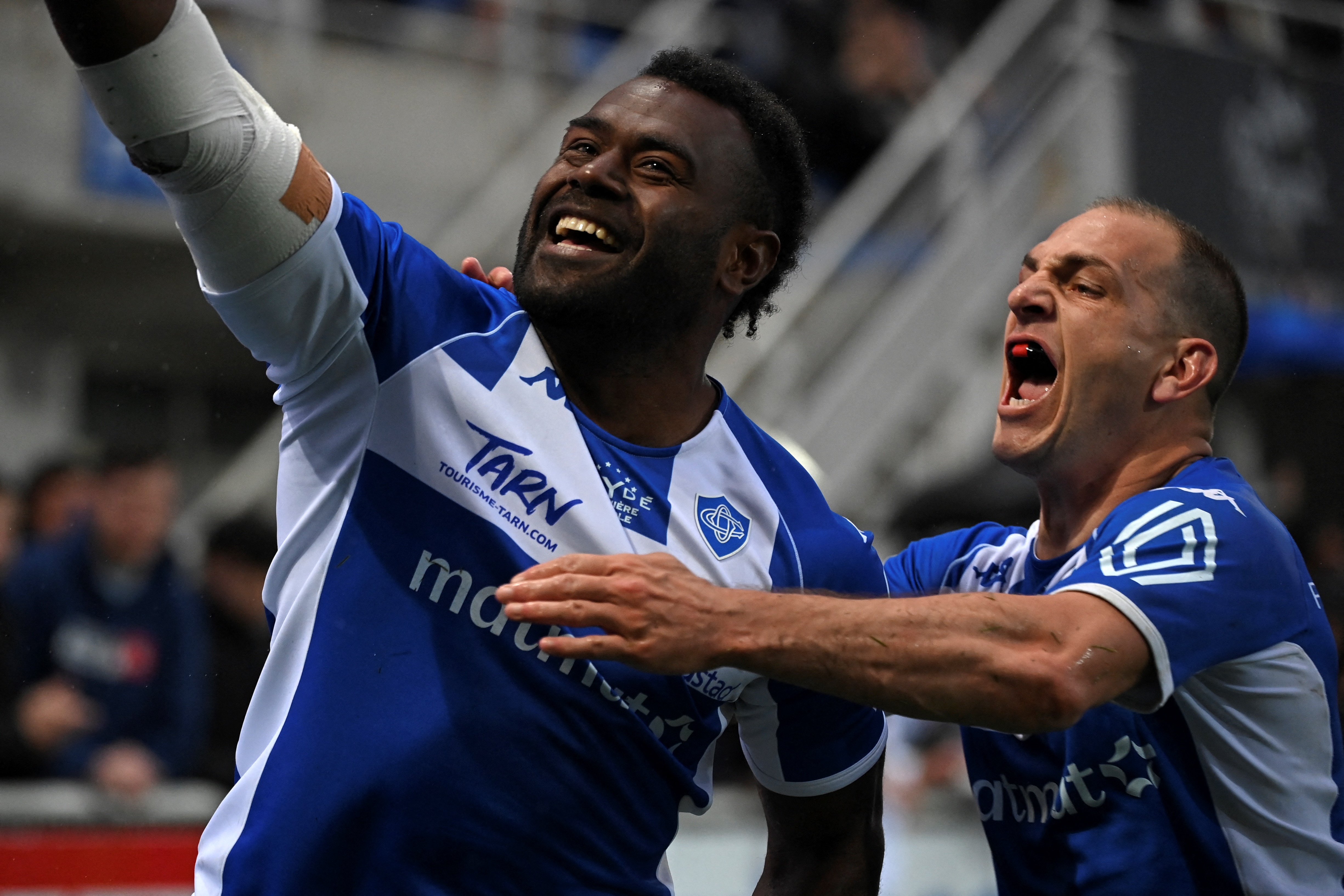Castres' Fijian wing Josaia Raisuqe reacts after scoring a try. Photo / AFP