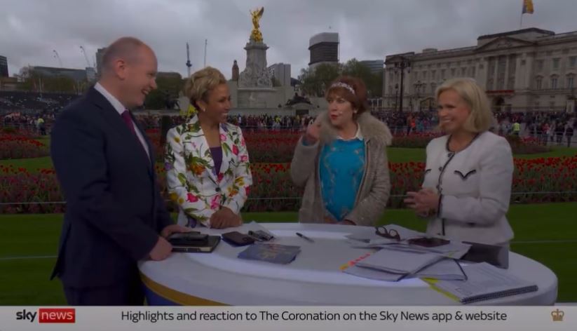 Aussie-British author Kathy Lette (second from right) has apologised for her comments made about Tuvalu. Image / Sky News