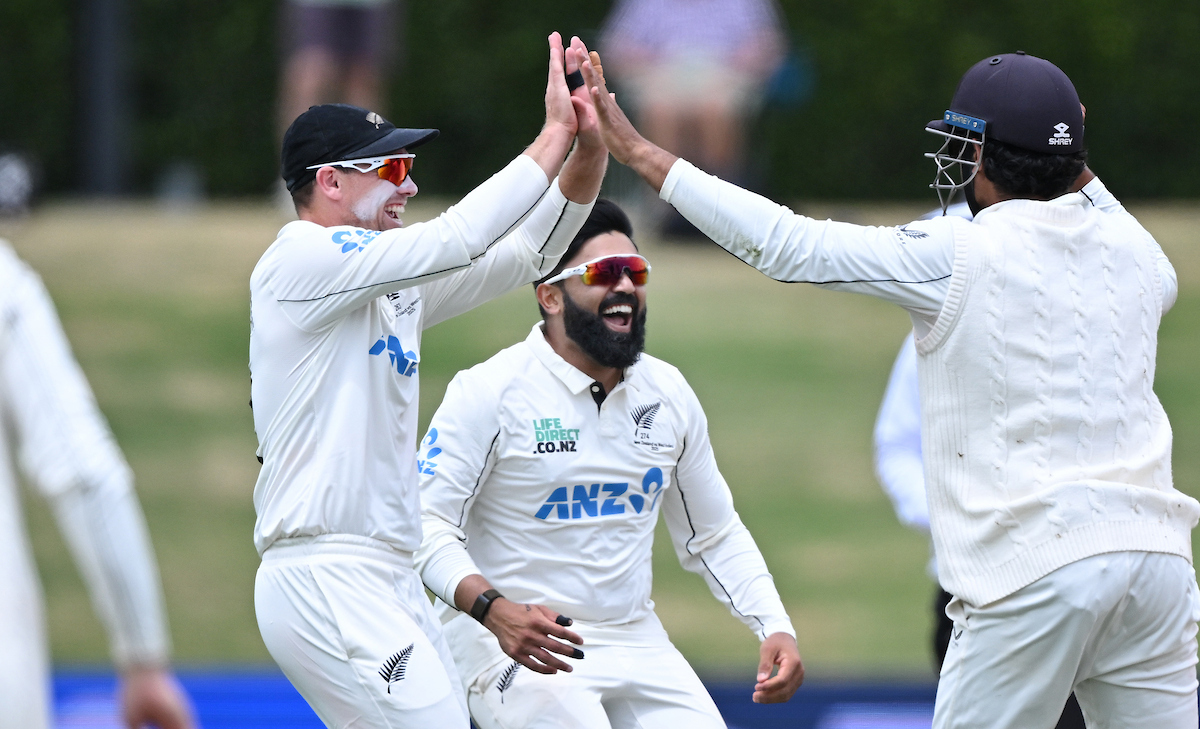 The Black Caps celebrate the wicket of Kavem Hodge on day five of the third test against the West Indies. Photo / Photosport