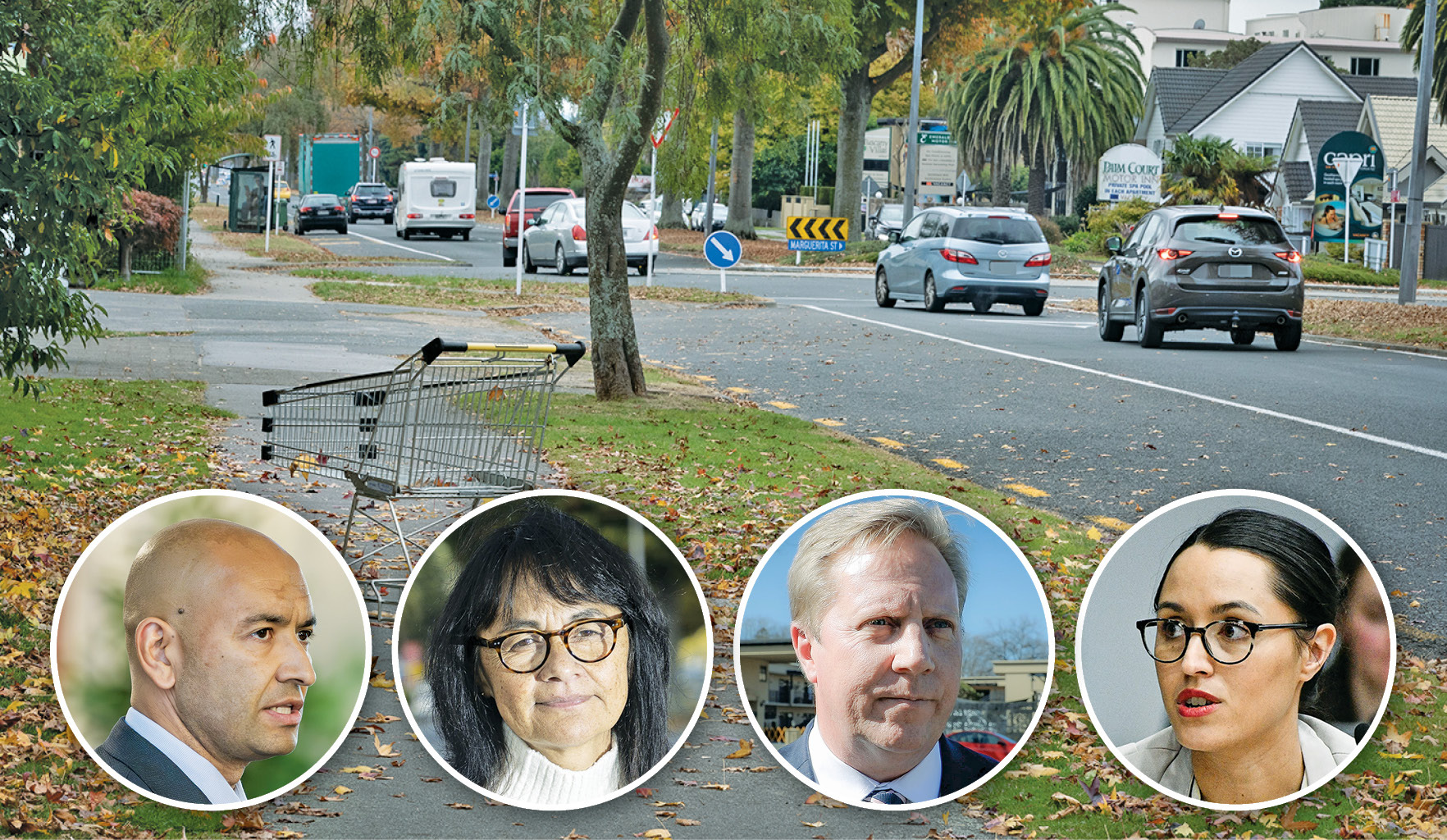 Extending Government-run emergency housing motels in Rotorua is a hot topic for (from left) Associate Housing Minister Tama Potaka, resident spokeswoman Carolyne Hall, Rotorua MP Todd McClay and Rotorua Mayor Tania Tapsell. Photos / NZME