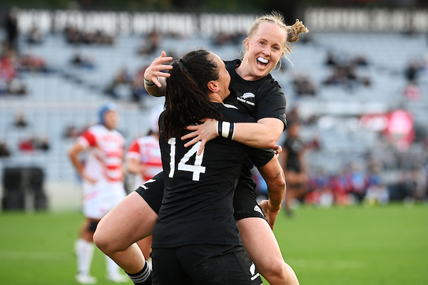 Black Ferns player Kendra Cocksedge celebrates after her try against Japan at Eden Park in September 2022. Photo / Photosport
