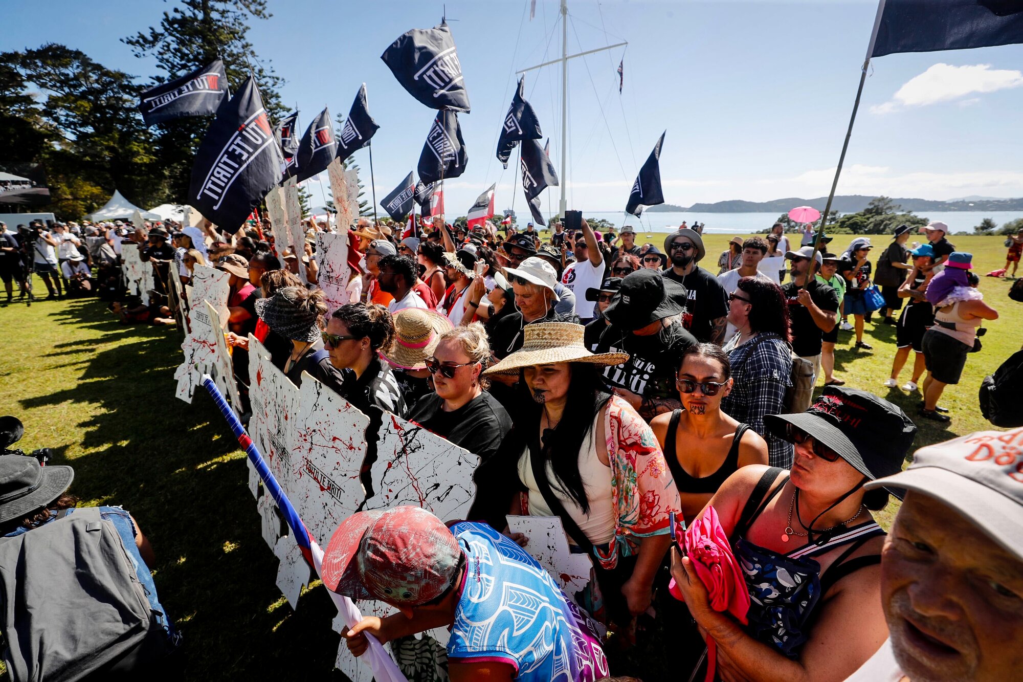 Supporters of Te Tiriti and anti-Government protestors at the Waitangi Treaty Grounds. Photo / Dean Purcell