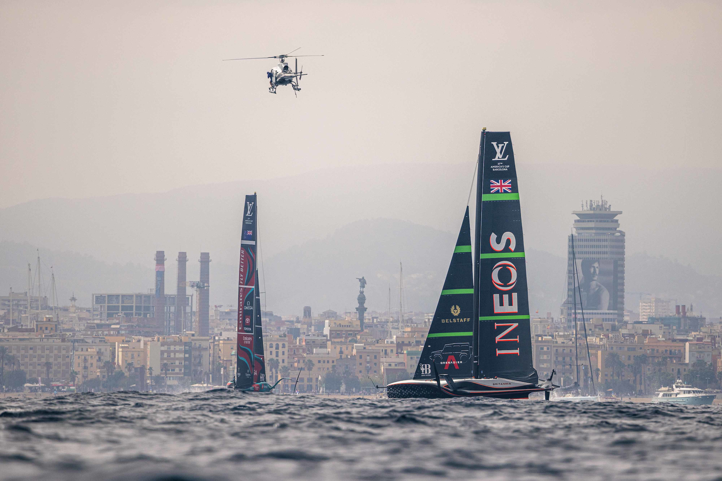 Ineos Britannia chasing Emirates Team New Zealand in race four of the Louis Vuitton 37th America’s Cup in Barcelona. Photo / Photosport