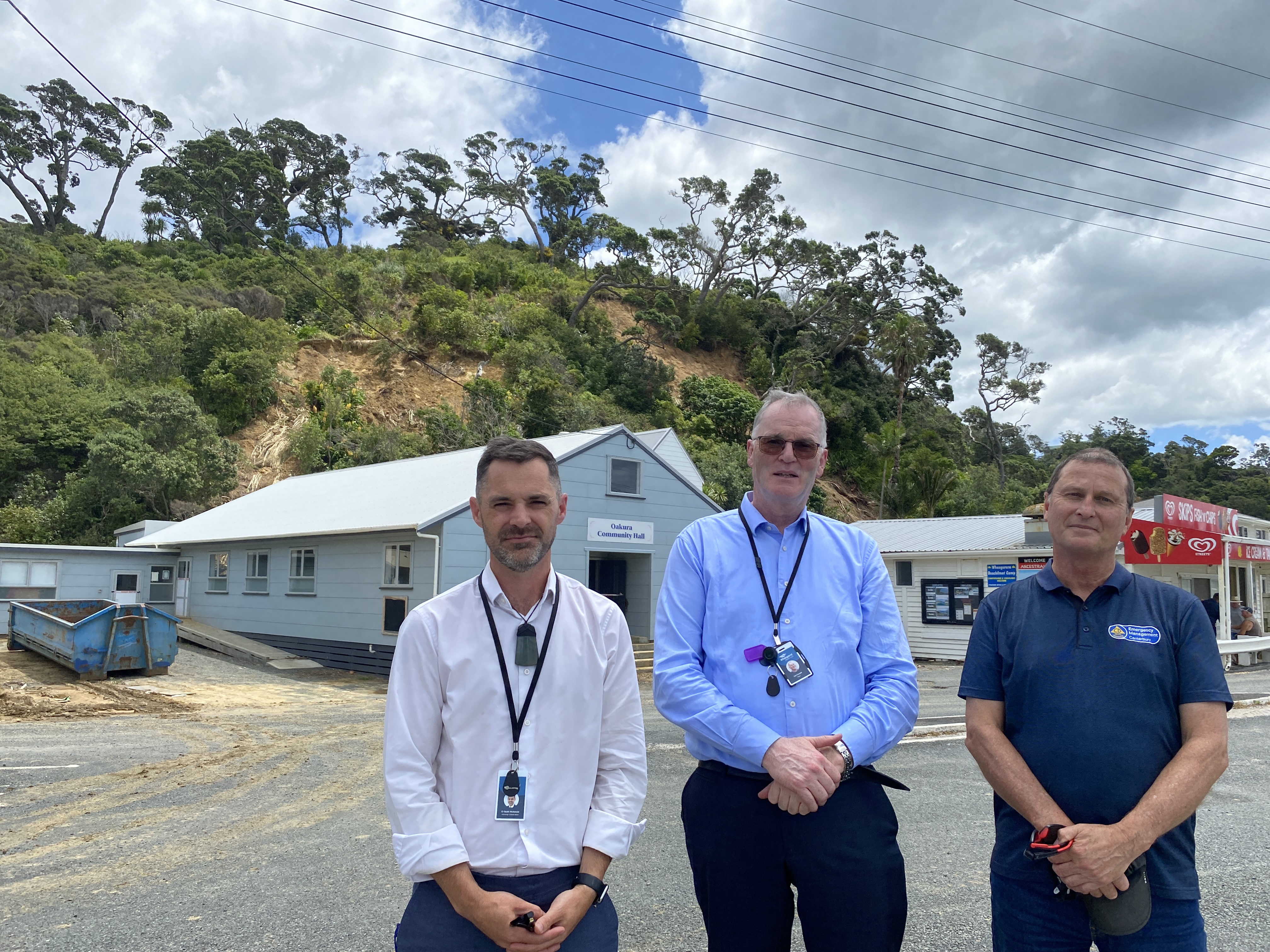 Whangārei Deputy Mayor Scott McKenzie (from left), Whangārei Mayor Ken Couper and acting Northland group recovery manager Richard Ball check out the damage at Ōakura. Photo / Denise Piper