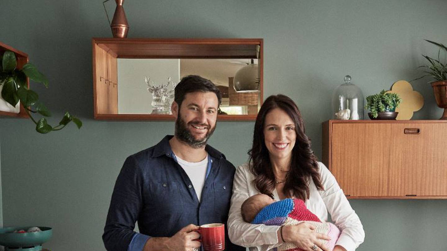 Clarke Gayford and Jacinda Ardern at home with Neve as a newborn. 