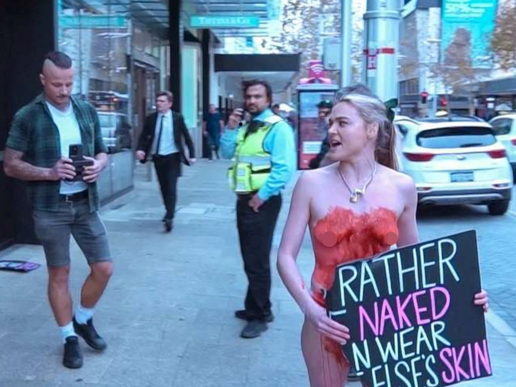 Tash Peterson: Vegan activist wears purple lingerie for third 'animal  abuse' protest at Perth's Louis Vuitton