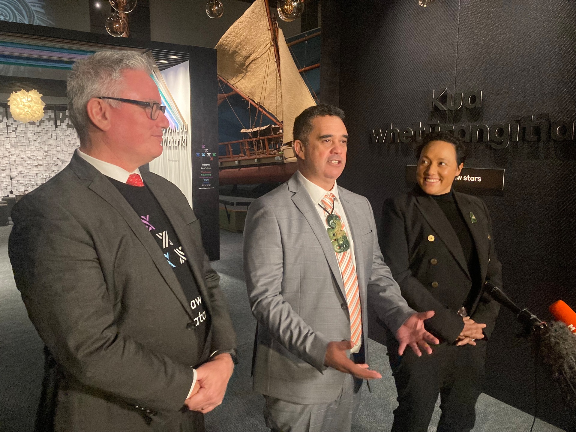 Minister for Māori/Crown Relations Kelvin Davis, Dr Rangi Mātāmua and Minister of Justice Kiri Allan speak about the journey to make Matariki a public holiday. Photo / Michael Neilson