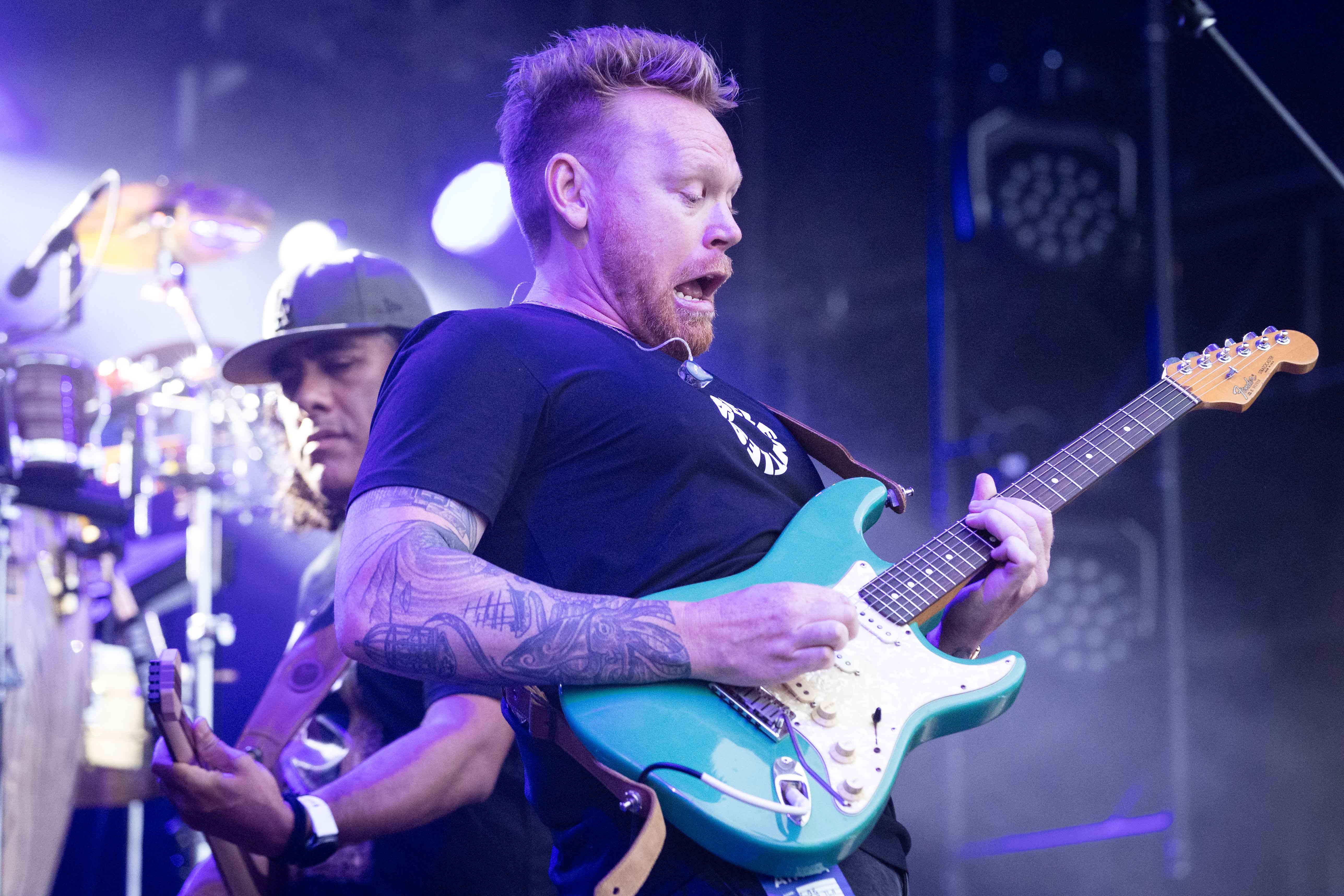 L.A.B frontman Joel Shadbolt (front) and bassist Ara Adams-Tamatea. Photo / Alex Cairns