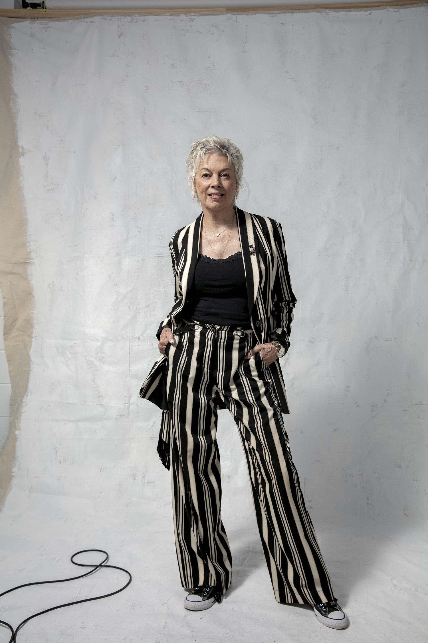 Dame Pieter Stewart wears suit from The Red Balloon spring/summer 2019. Photo / Babiche Martens