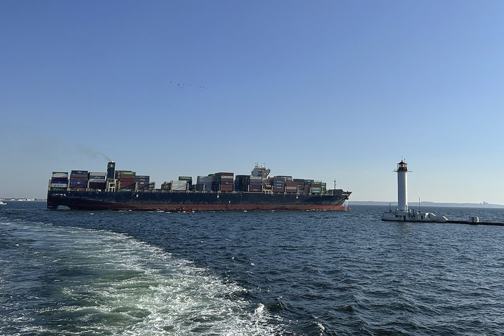 The container ship Joseph Schulte (Hong Kong flag) leaves the port of Odesa to proceed through the temporary corridor established for merchant vessels from Ukraine's Black Sea ports in Odesa, Ukraine. Photo / AP