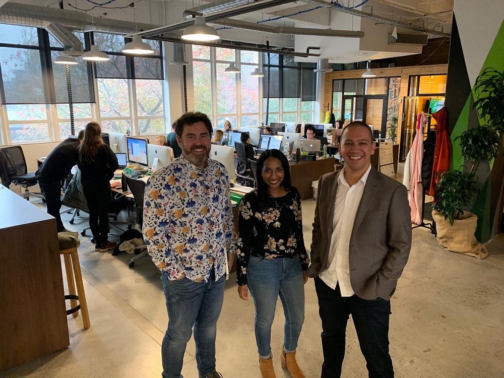 Alex Fala (right), with Vend chief engineer Ben Gracewood and Vend HR head Shirvani Mudaly.  Photo / Cole Slawson.