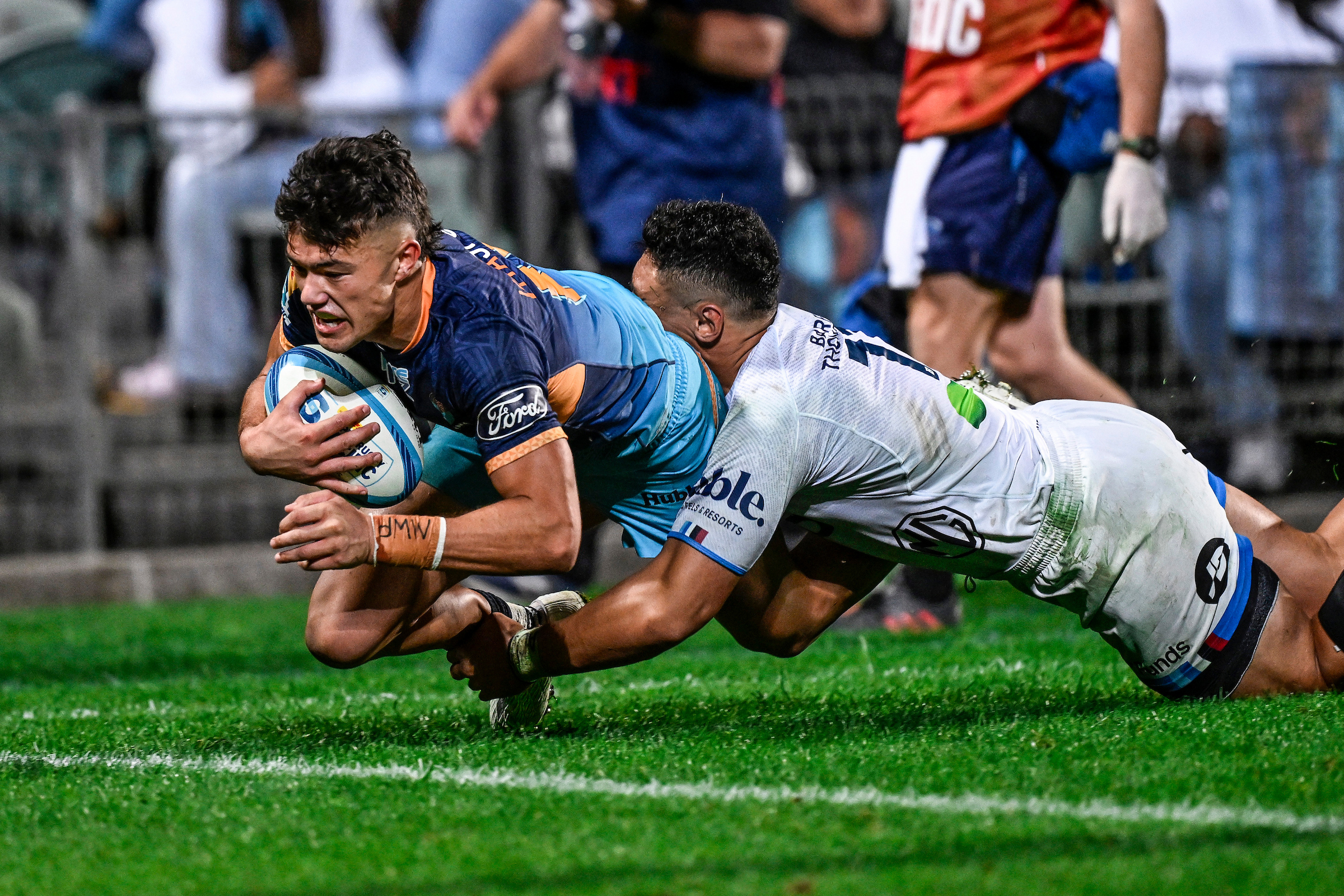 Kyren Taumoefolau, of Moana Pasifika, scores a try against the Blues. Photo / Photosport