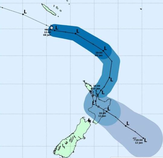 Former tropical Cyclone Hale is tracking to make a direct hit on the North Island. Image / MetService