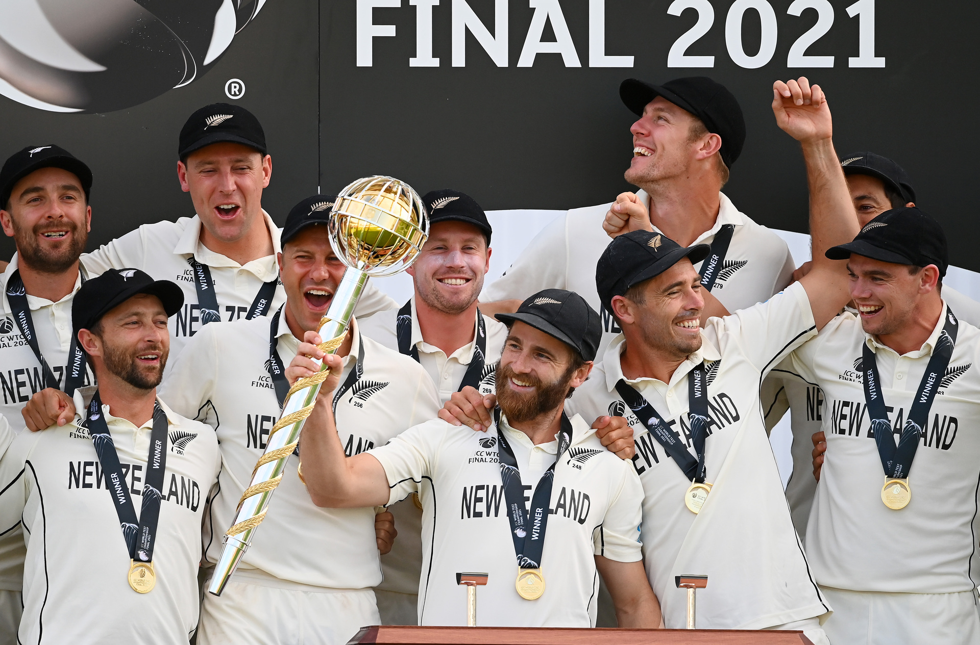 Kane Williamson leads the New Zealand celebrations after winning the World Test Championship in 2021. Photo / Getty Images