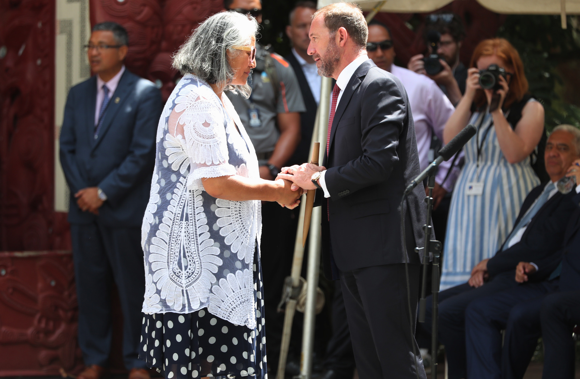 Te Rūnanga Ā Iwi o Ngāpuhi chair Mere Mangu praises Treaty Negotiations Minister Andrew Little after he delivered a powhiri speech entirely in te reo. Photo / John Stone