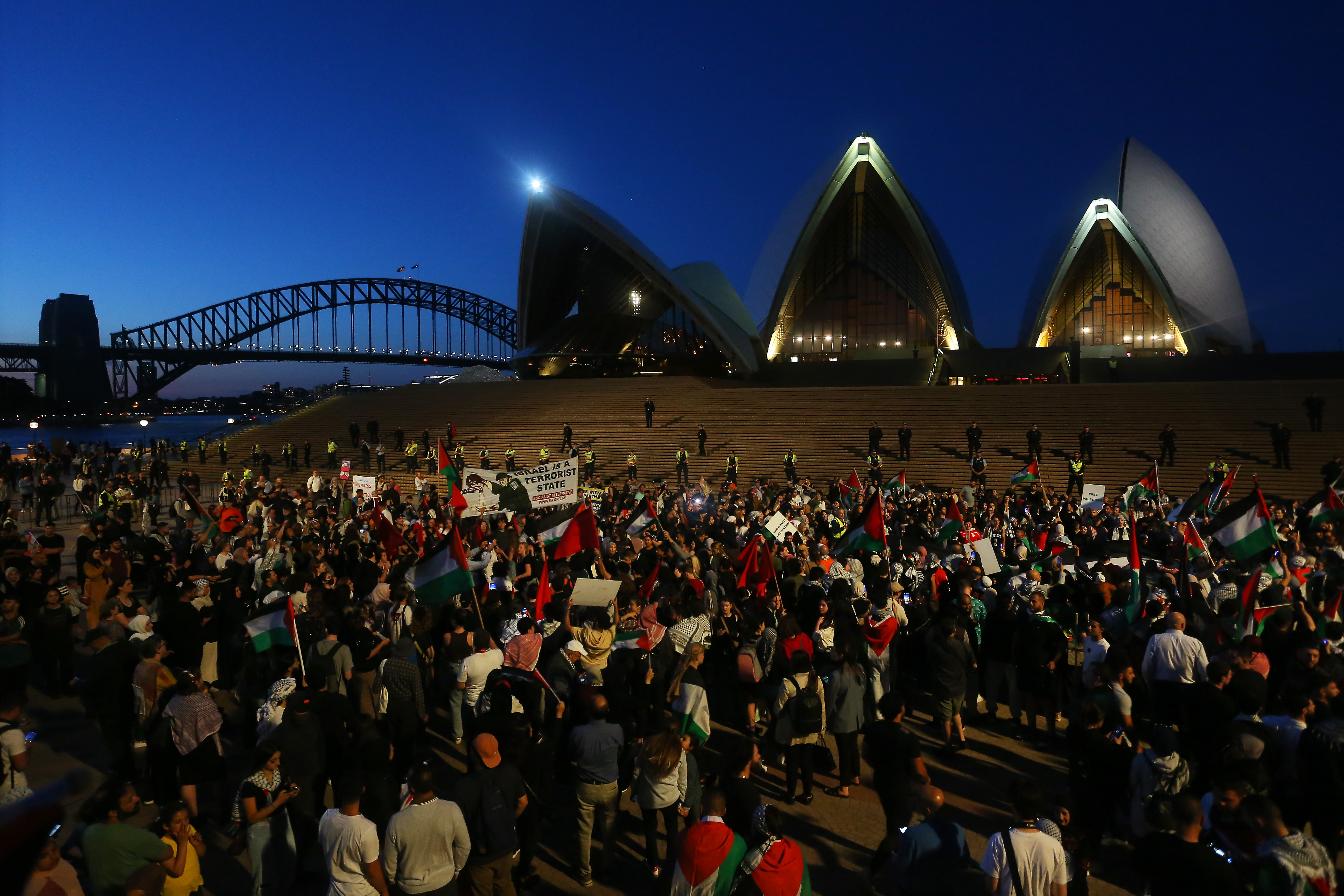 Palestine supporters rally outside the Sydney Opera House. Photo / Getty Images