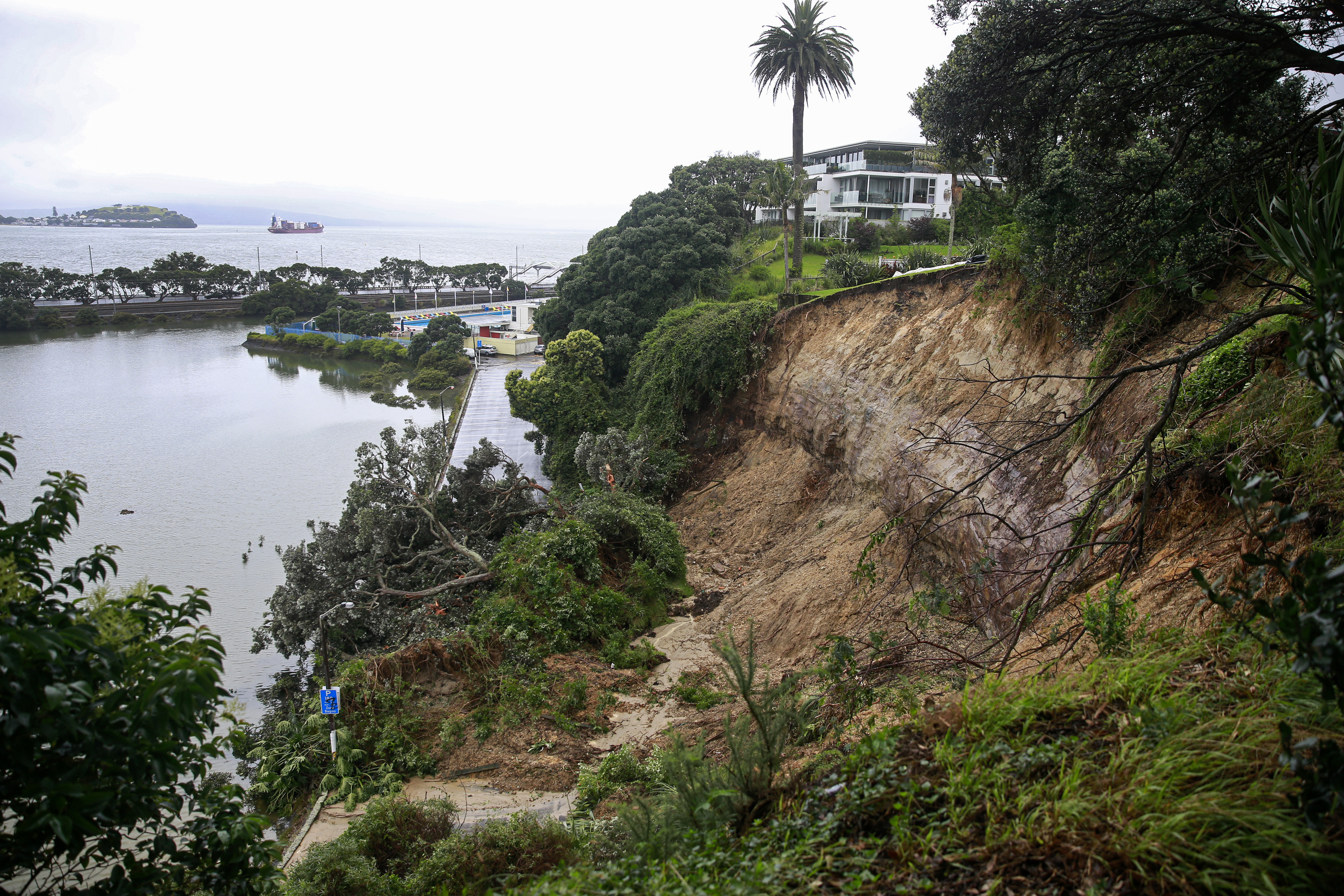 A massive amount of debris came down the cliff onto Judges Bay Rd. Photo / Alex Burton