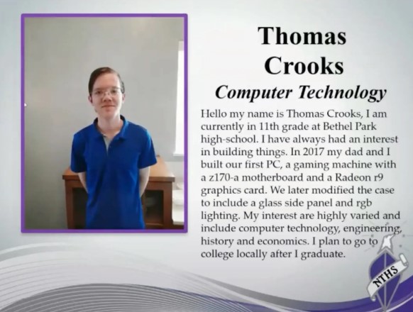 In 2021, Crooks provided an autobiographical statement for his induction into the National Technical Honour Society. The honour was presented at a ceremony that spring. Photo / YouTube