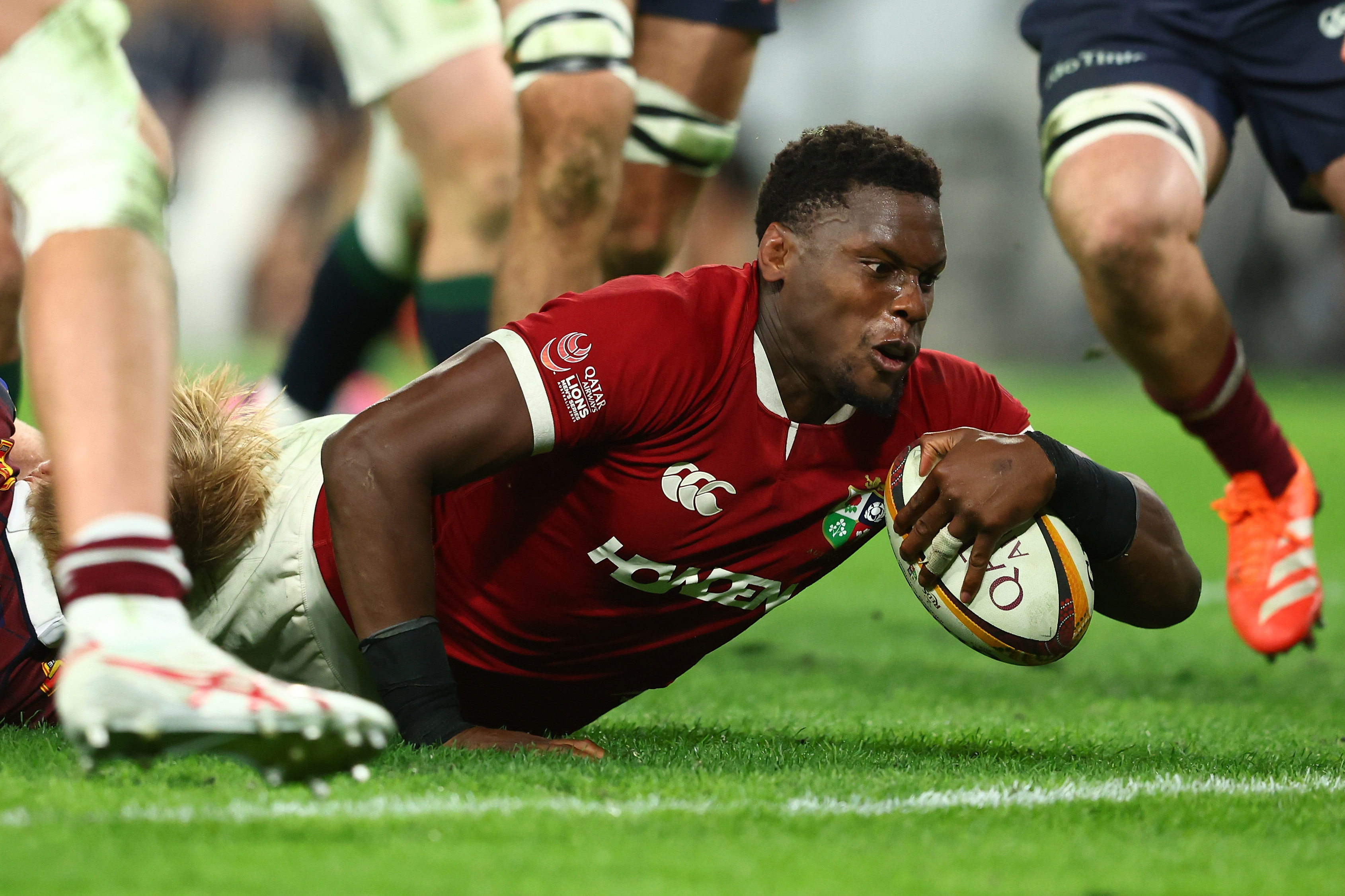 Maro Itoje scores a try during the tour match between Queensland Reds and British and Irish Lions at Suncorp Stadium. Photo / Getty Images