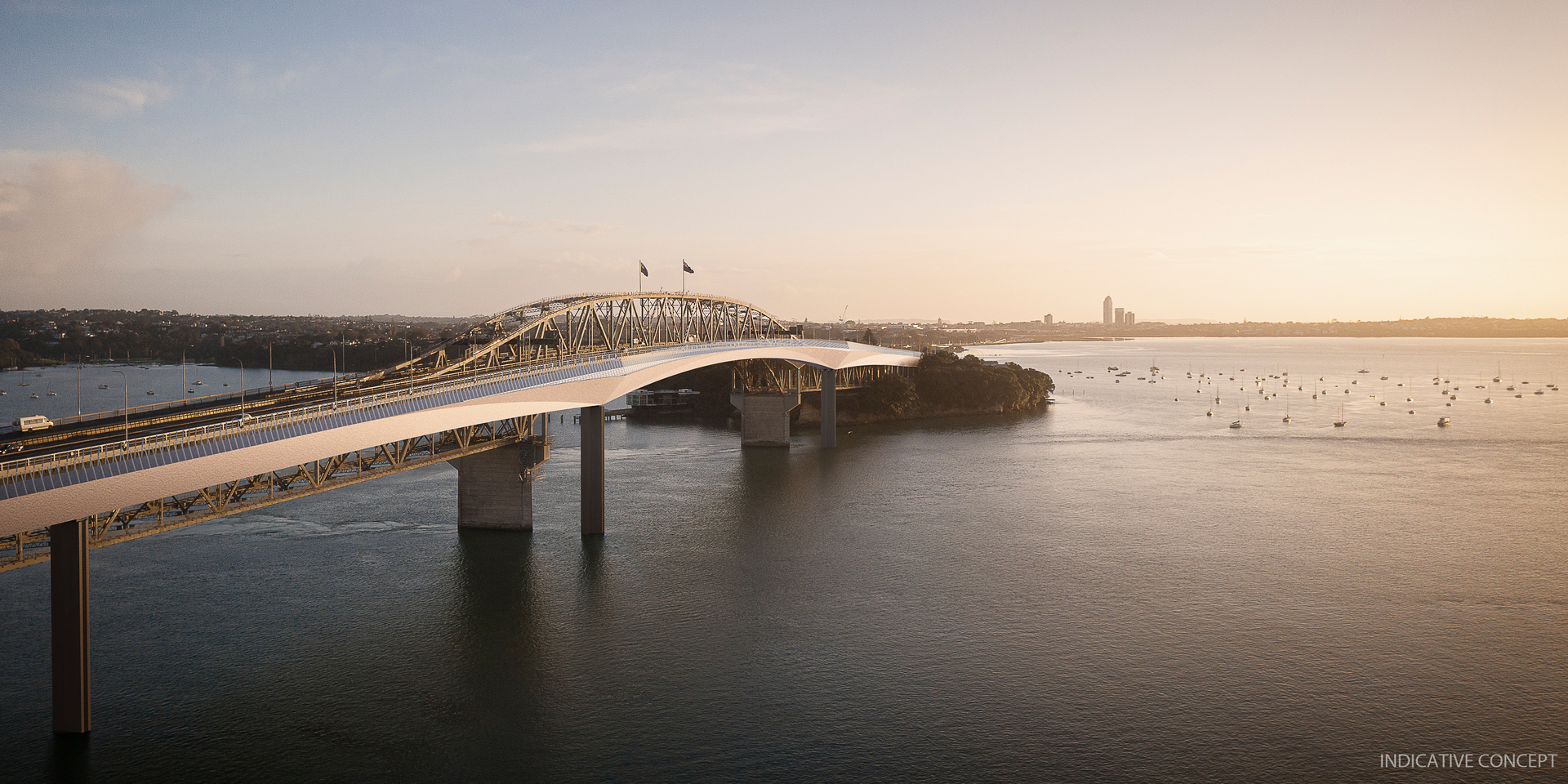 Concept drawing for the new walking and cycling bridge, sitting next to the existing bridge, to be called the Northern Pathway. Image / supplied