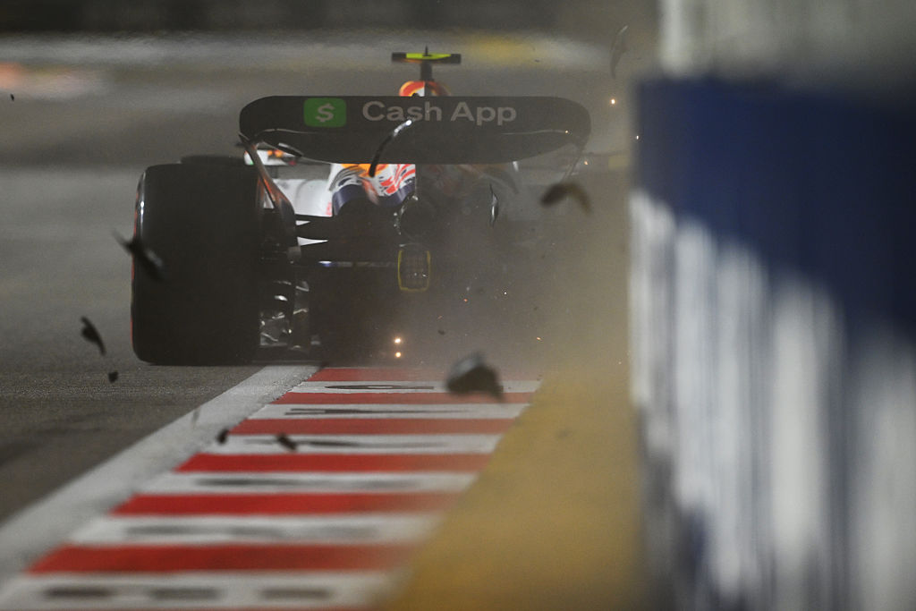 Liam Lawson hit the wall at turn 16 in the second practice session for the Singapore Grand Prix. Photo / Getty Images