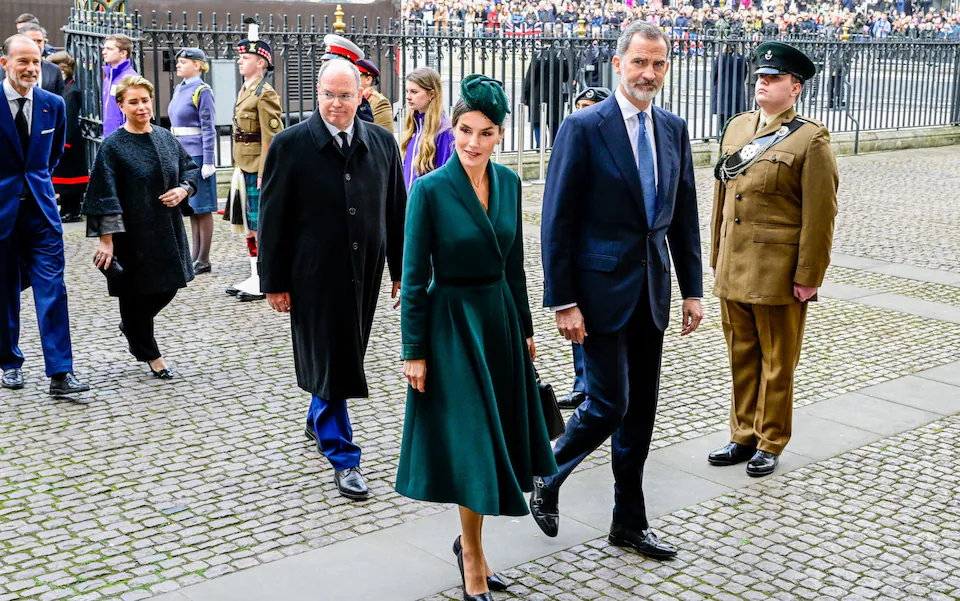 Foreign royals, including the King and Queen of Spain, are expected to attend. Queen Letizia and King Felipe are seen here arriving for Prince Philip's thanksgiving service at Westminster Abbey last year. Photo / Getty Images
