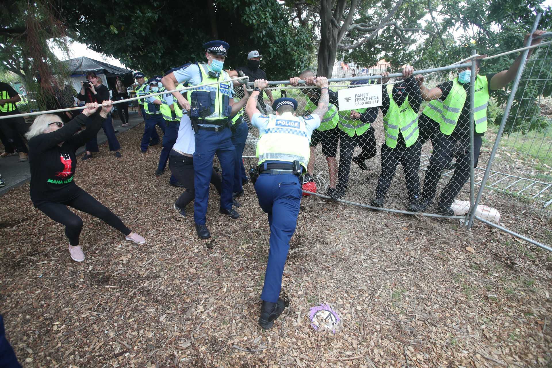 Protests as trees on Canal Rd in Avondale are being chopped down. Photo / Jason Oxenham 