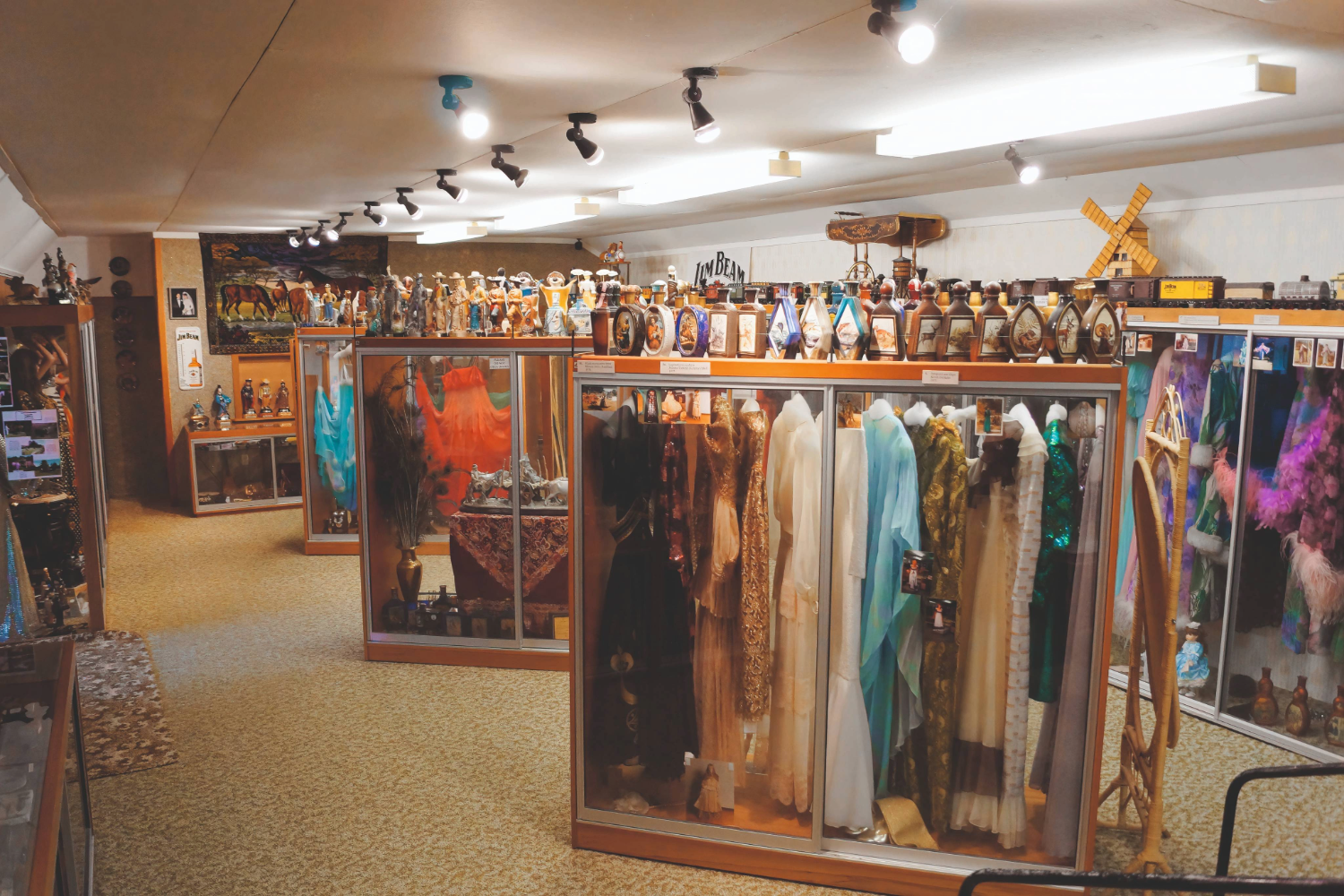 The Tractor Shed in about 2000, showing cases filled with gowns and collectables stacked on and in the cases. Photo / courtesy of Jo Dowling.
