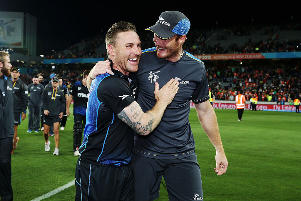 Brendon McCullum and Martin Guptill moments after the victory against South Africa. Photo / Getty