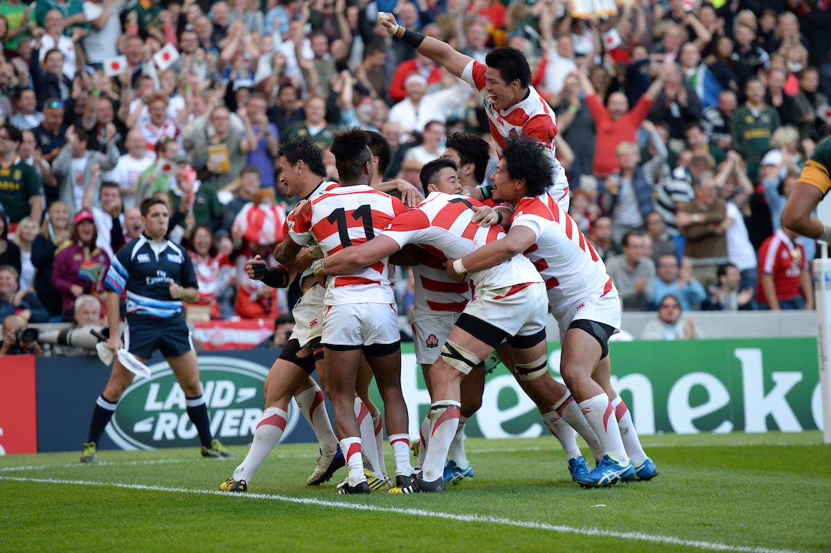 Japan celebrate scoring their second try through Ayumu Goromaru in the 2015 Rugby World Cup match against South Africa. Photo / Photosport