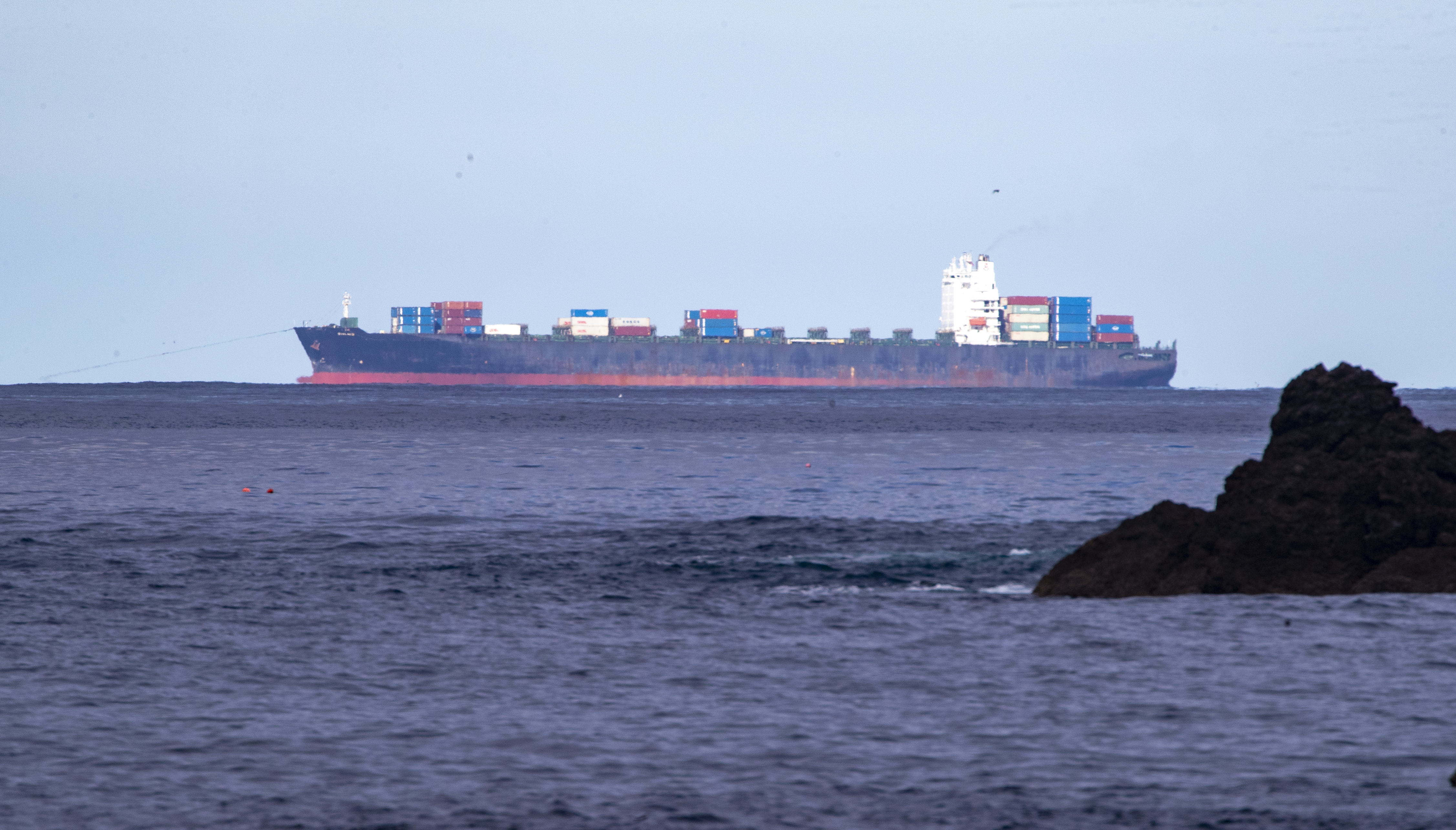 A 500-metre exclusion zone was in place around the towage operation for the MV Shiling's journey to Wellington. Photo / Mark Mitchell