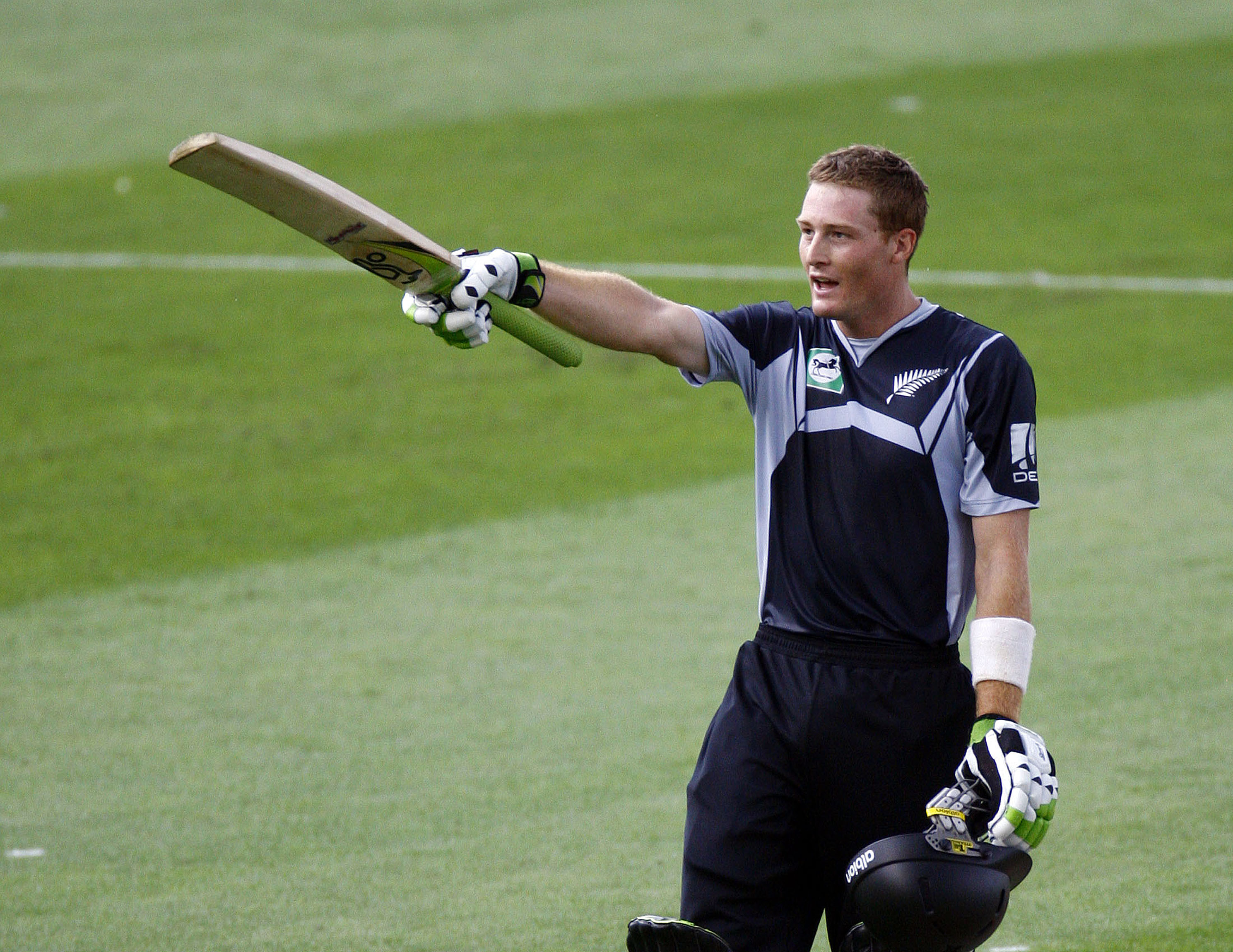 Martin Guptill celebrates after becoming the first New Zealander to score an ODI century on debut. Photo / Photosport