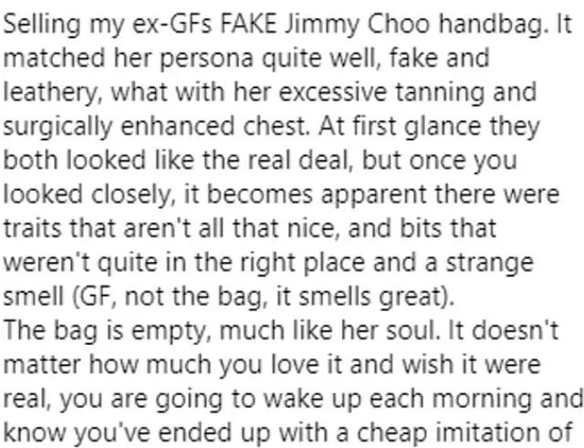 Man's hilarious ad selling his ex girlfriend's fake Jimmy Choo bag