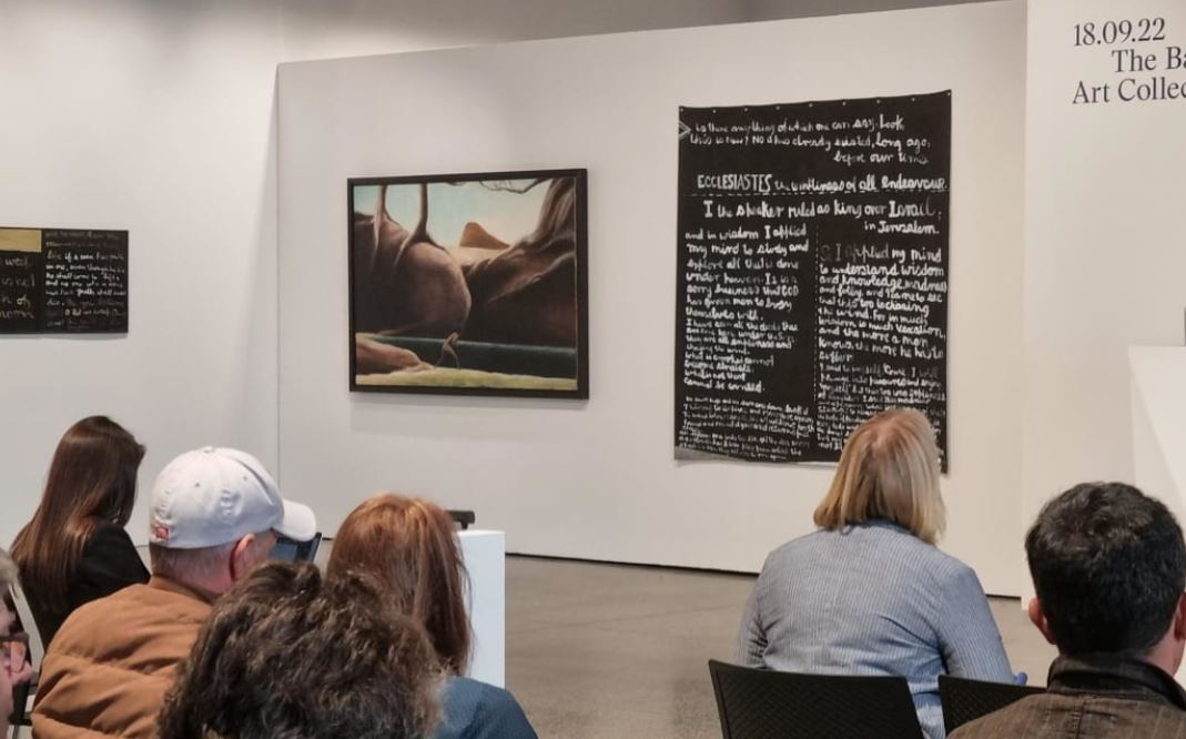 The Fugitive by Tony Fomison (left) sold for $1.82m - its estimate was $600,000 - $900,000. RNZ / Felix Walton