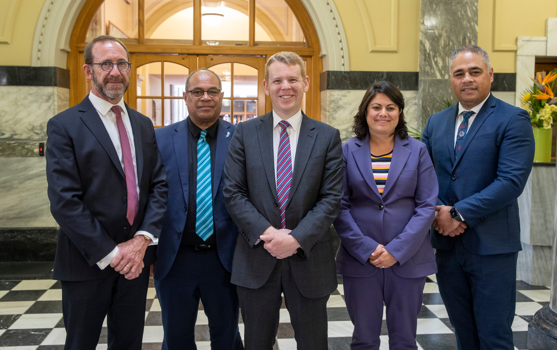 Labour's new health team, from left, Andrew Little, Aupito William Sio, Chris Hipkins, Ayesha Verrall and Peeni Henare, Parliament, Wellington. Photo / Mark Mitchell