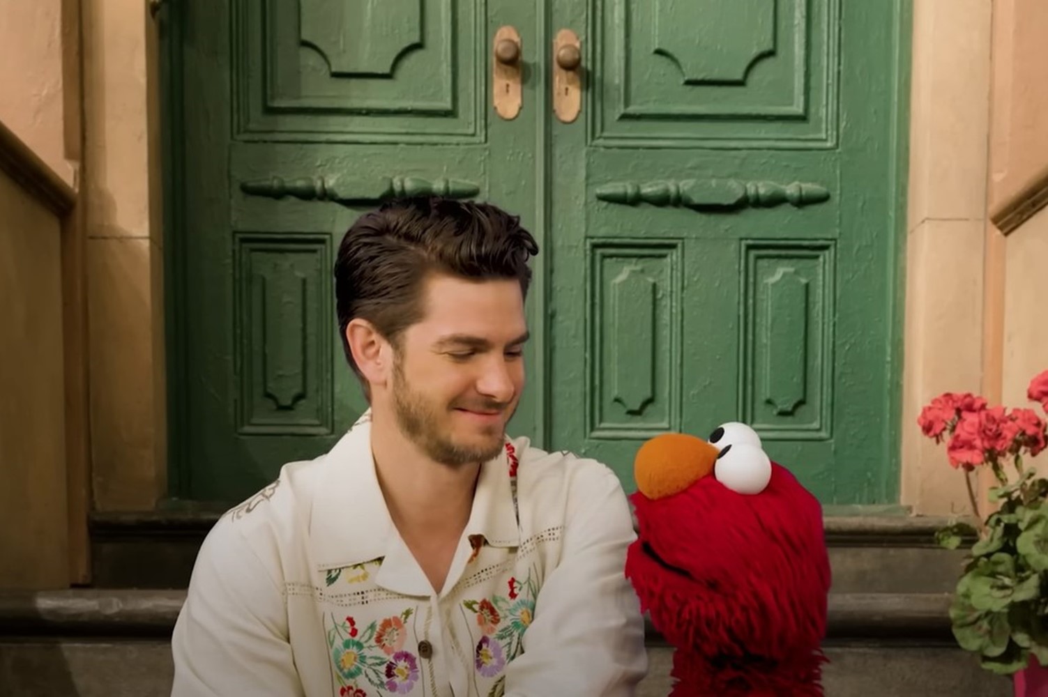 Andrew Garfield and Elmo on Sesame Street. Photo / Sesame Workshop
