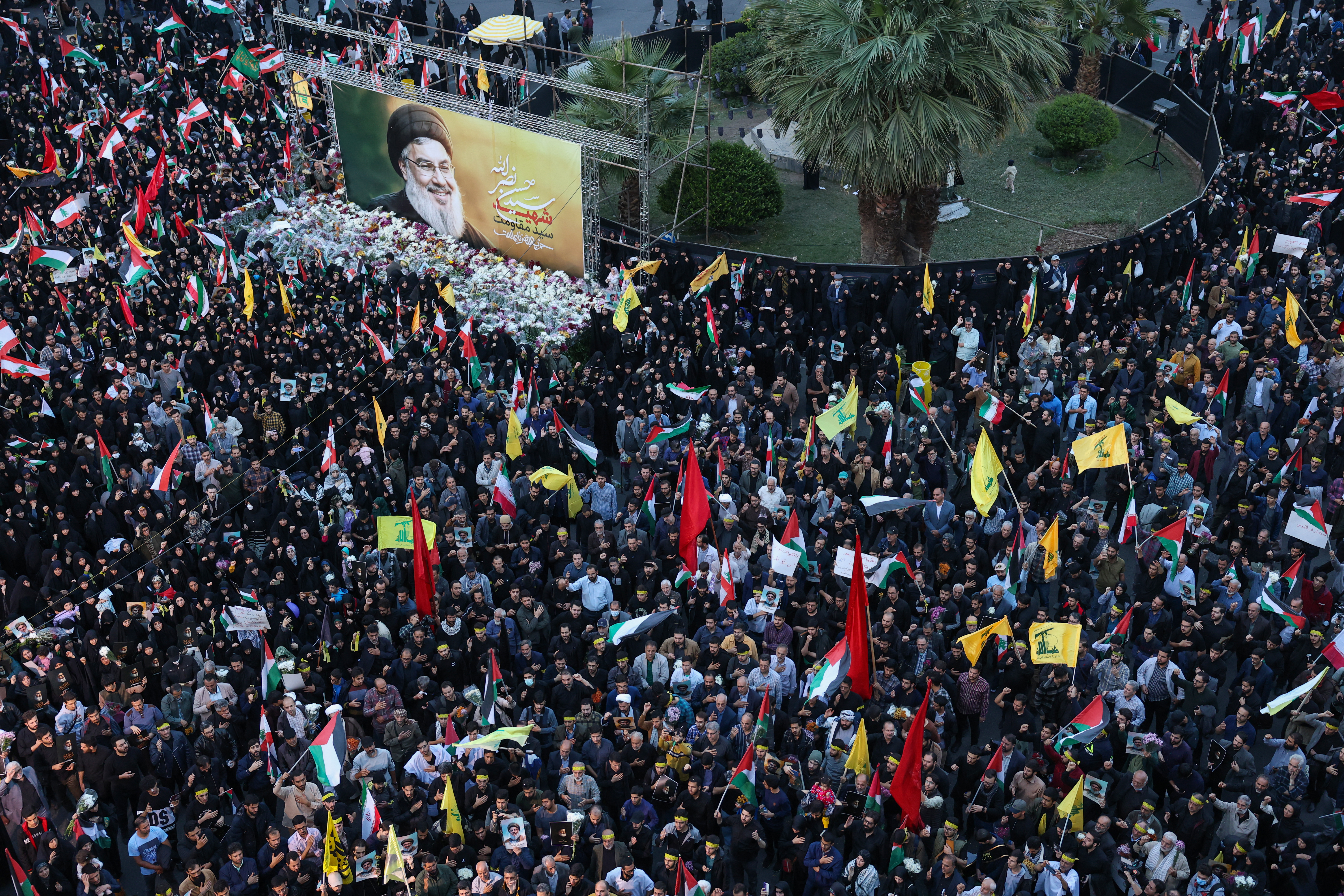 Iranians hold pictures of Hezbollah leader Hassan Nasrallah during an anti-Israel protest in Palestine Square in Tehran on September 30, 2024. Photo / AFP