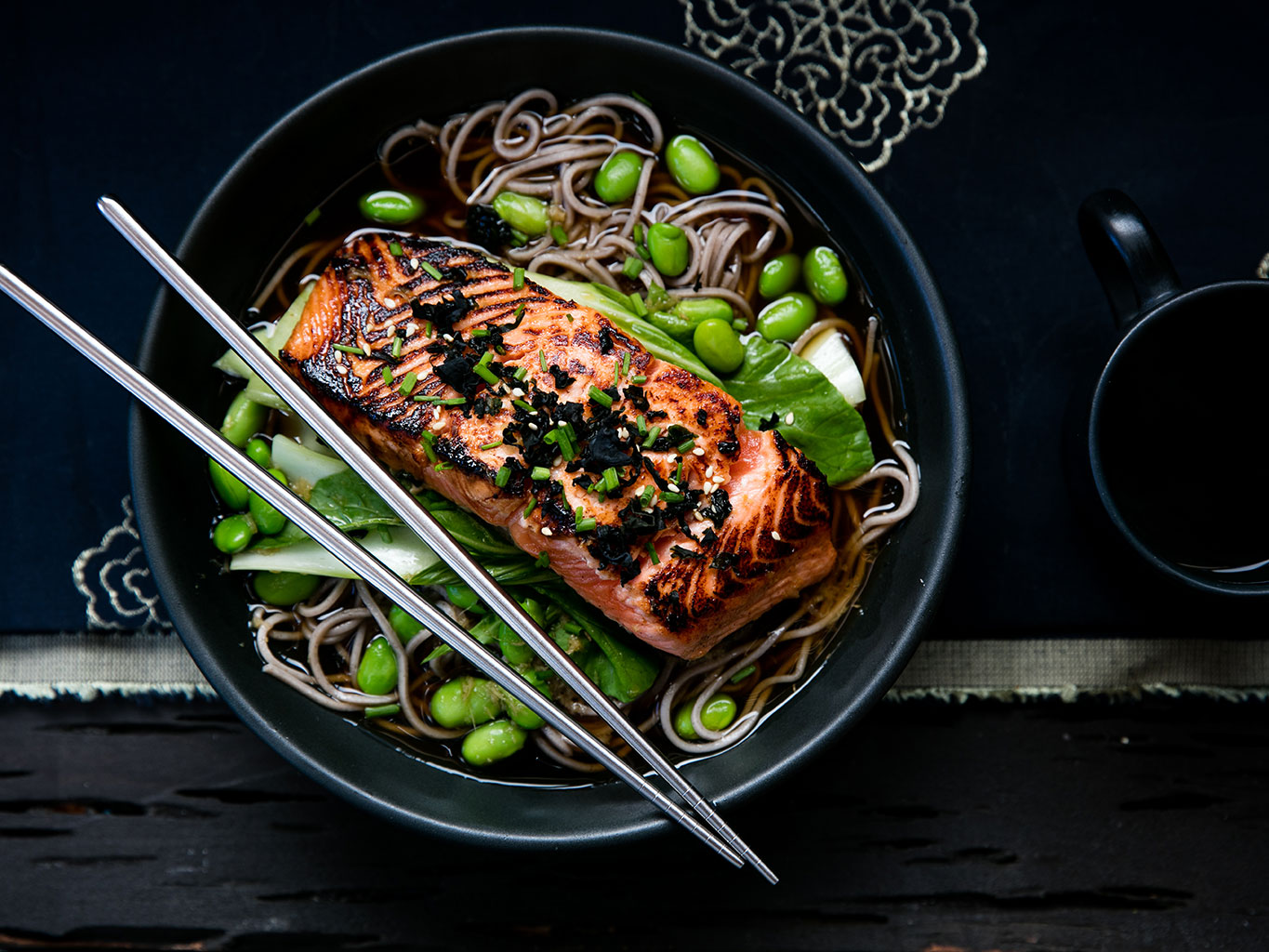 Ginger soy salmon recipe on noodles. Picture / Babiche Martens.
